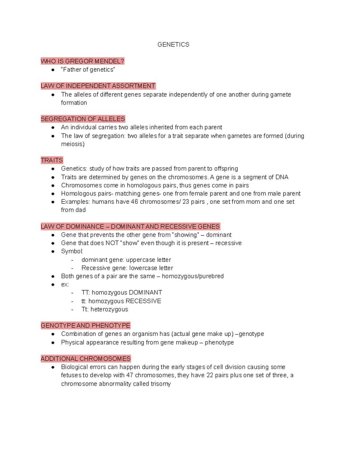 Genetics Study Guide - Key Concepts & Mendel's Laws - Studocu