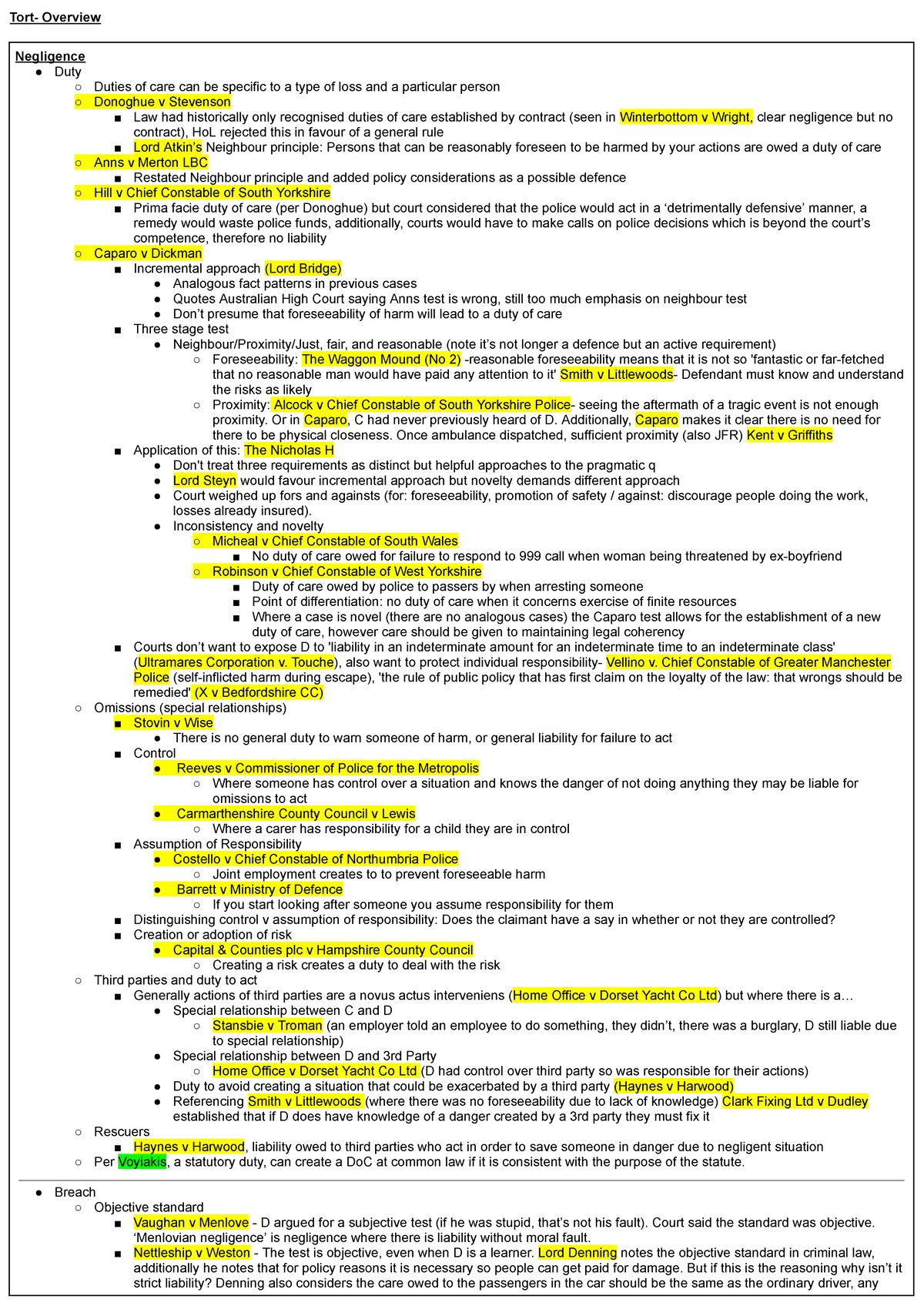 Tort Law Notes - Detailed Overview of Negligence and Key Cases - Studocu
