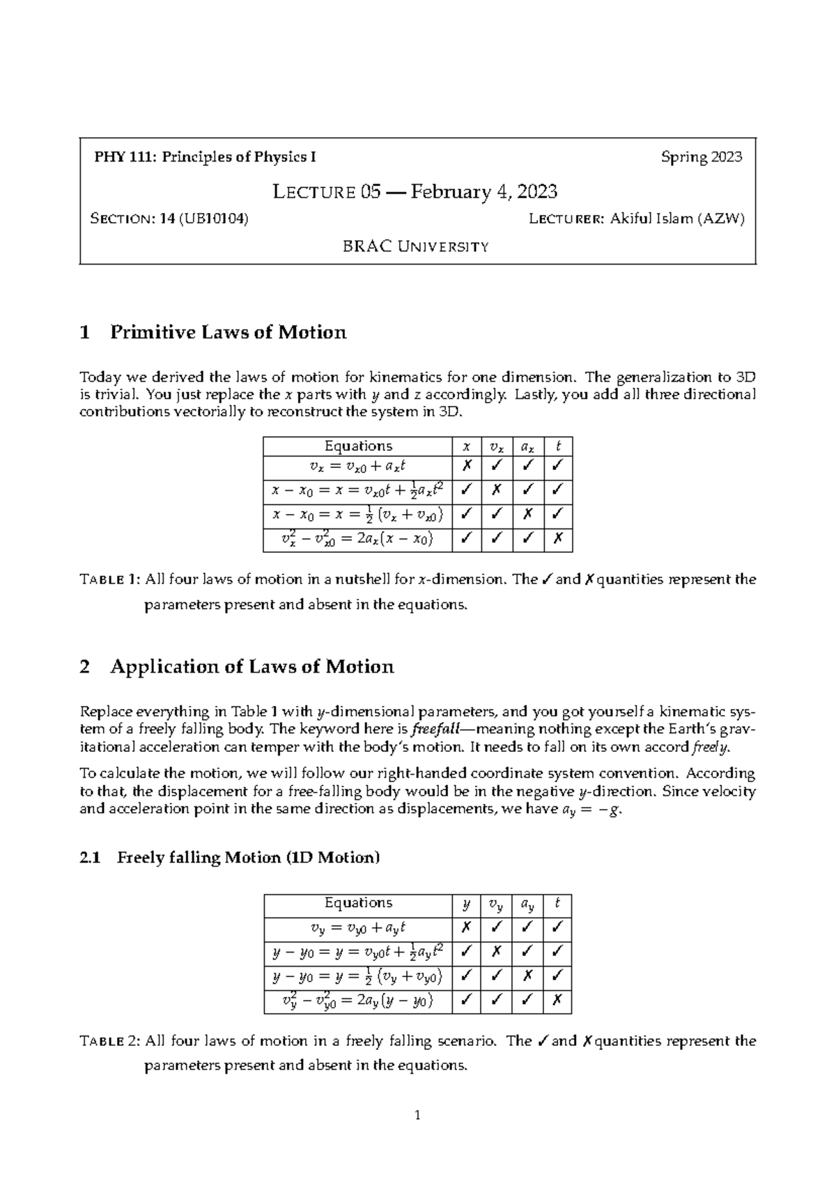 S14 Brac U PHY111 Lecture-5 - PHY 111: Principles of Physics I Spring ...