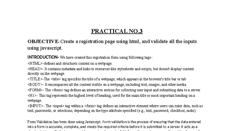 Practical No. 3: HTML Registration Form & JS Validation - Studocu