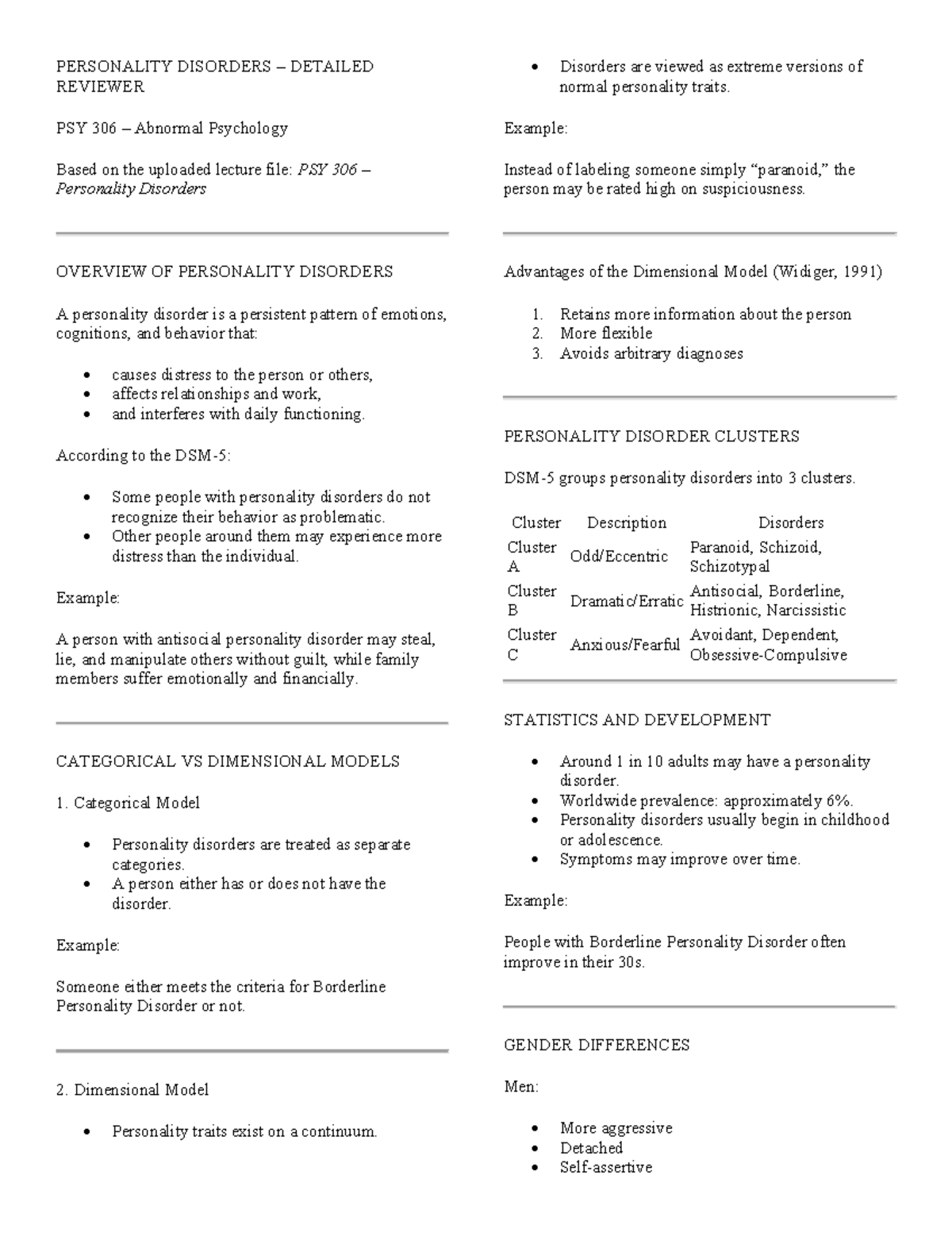 PSY 306 Final Exam Study Guide: Personality Disorders Overview - Studocu