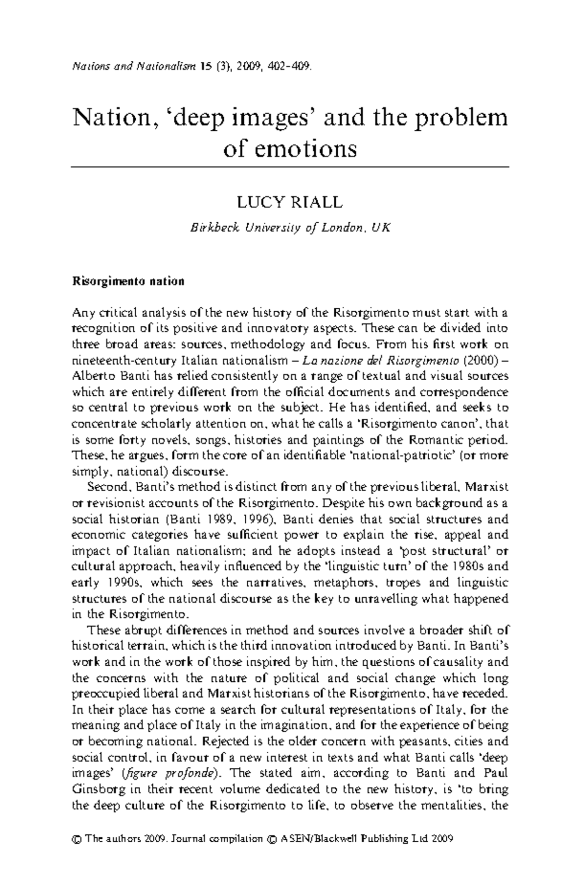 Riall Lucy, nationalism emotion - Nation, ‘deep images’ and the problem ...