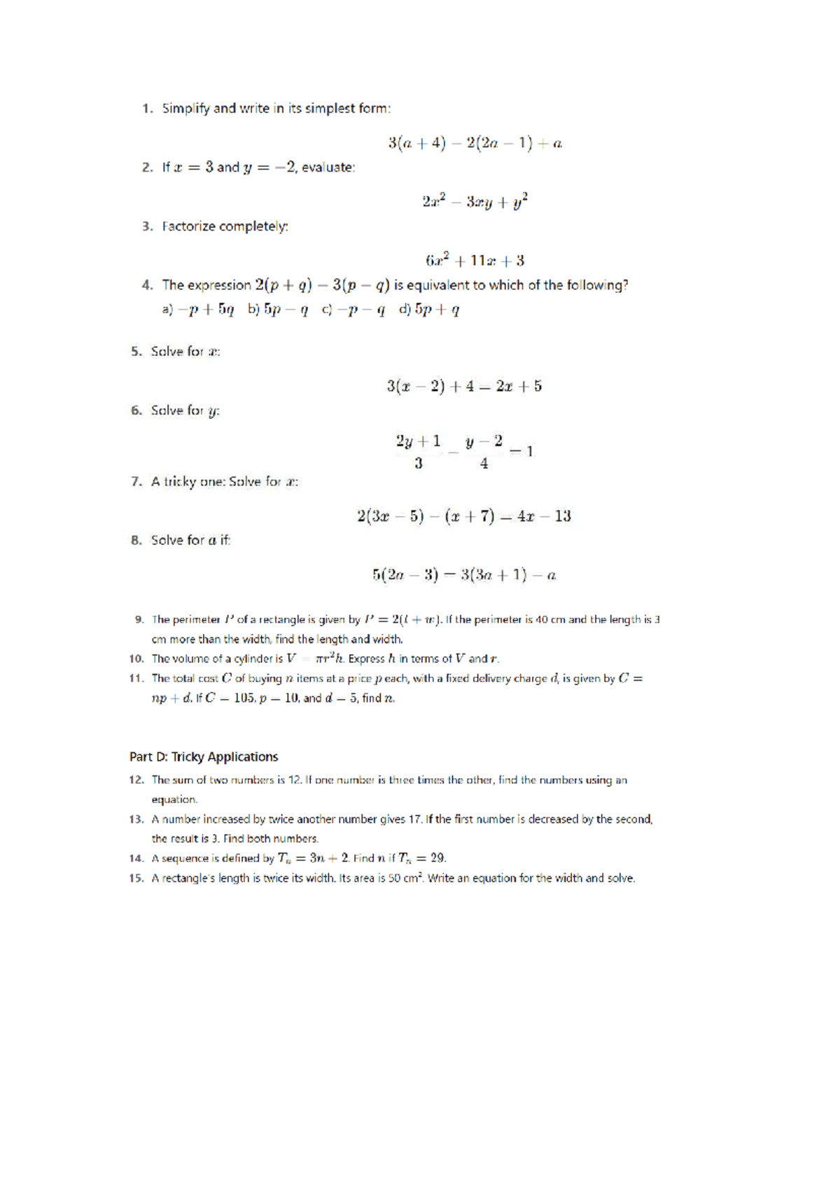 Expressions and Formulae - Simplification and Problem Solving - Document Preview