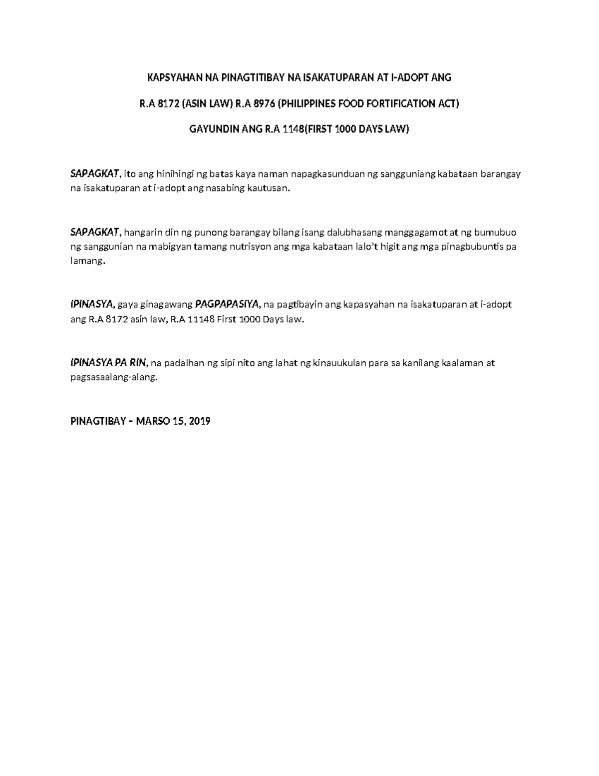 Resolusyon sa Pagsasakatuparan ng R.A 8172, R.A 8976, at R.A 1148 - Studocu