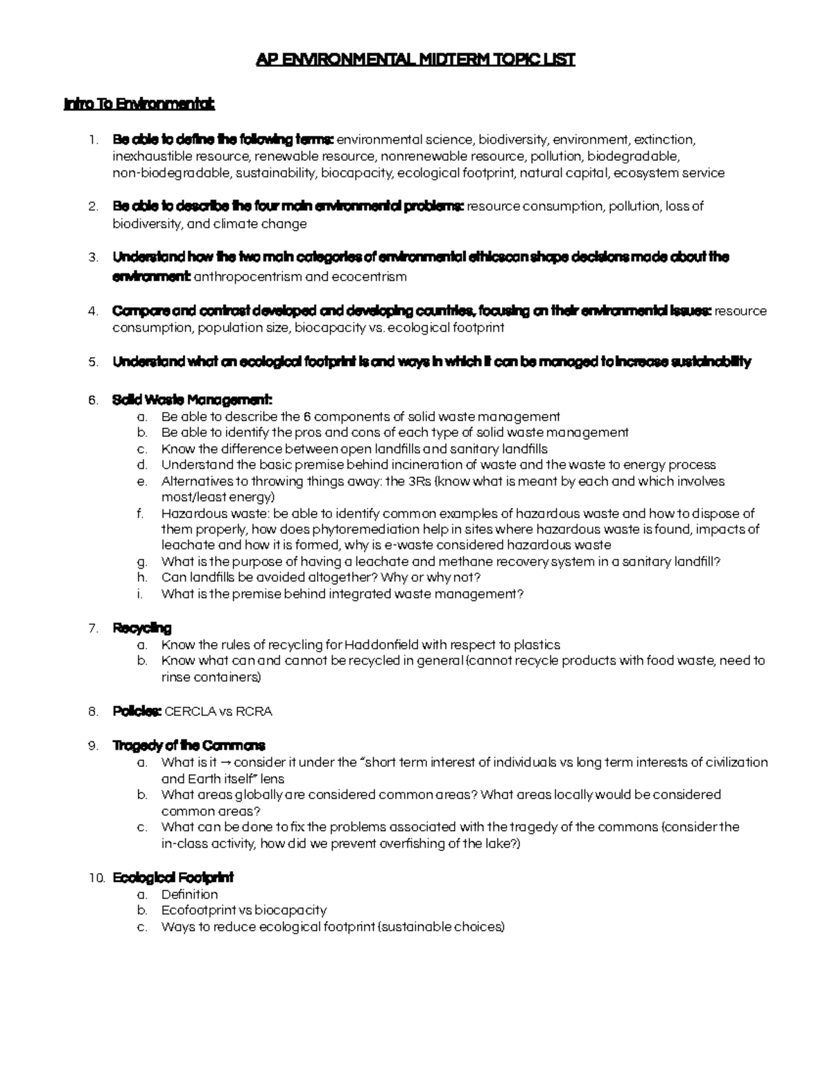 AP Environmental Science 25 Midterm Topic List and Study Guide - AP ...