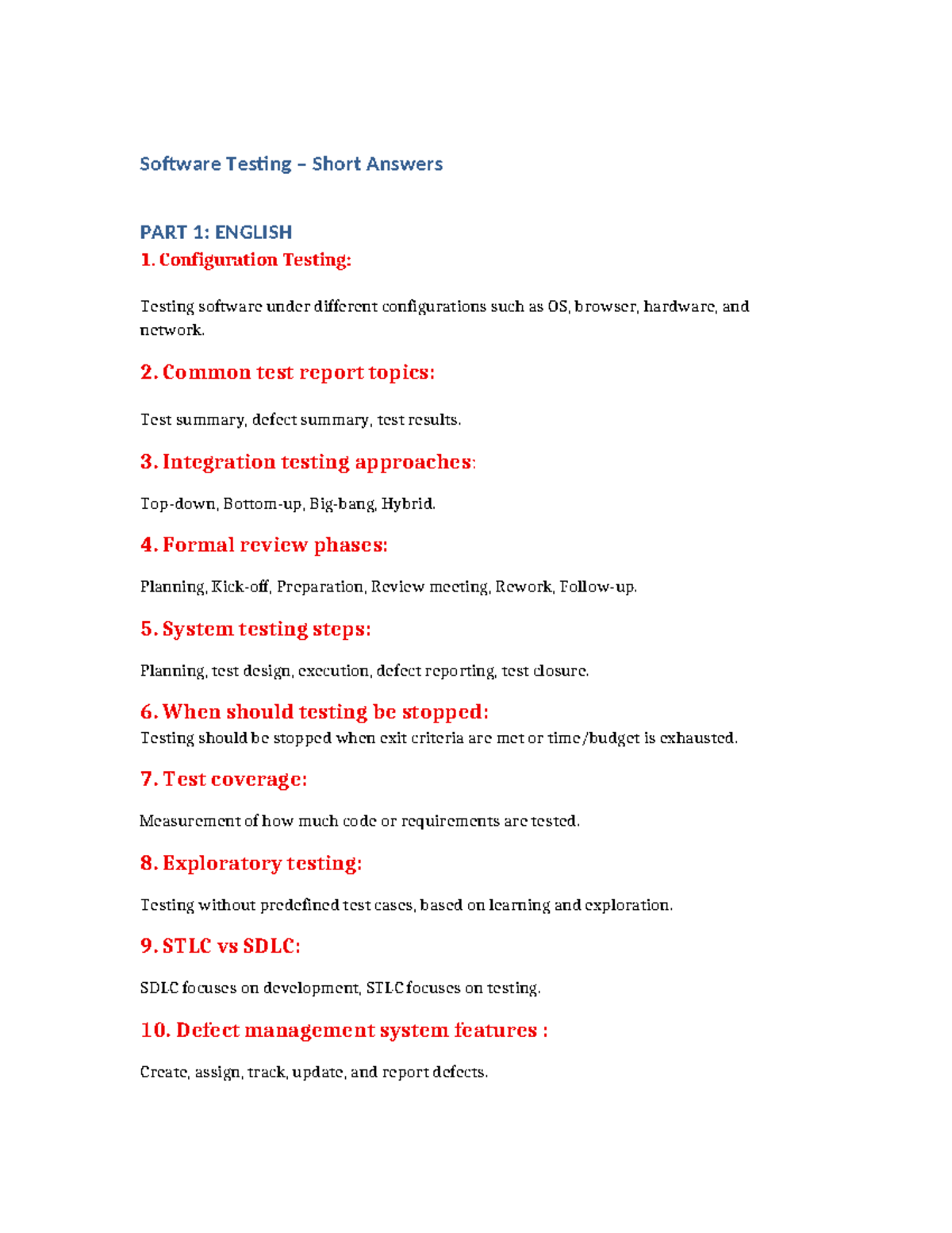 Software Testing 30Q EN-VI – Key Concepts and Short Answers - Studocu