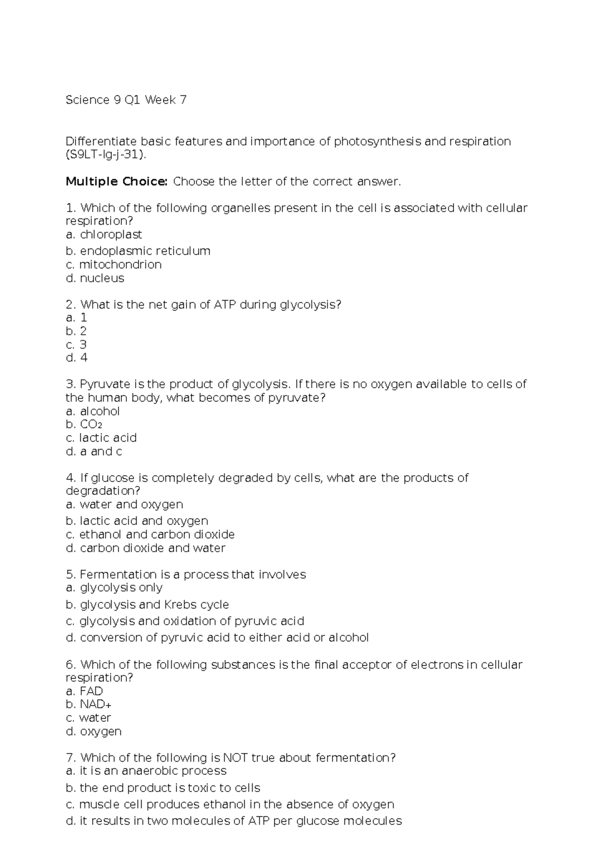 Science 9 Q1 Week 7 - Quiz on Photosynthesis & Respiration - Studocu