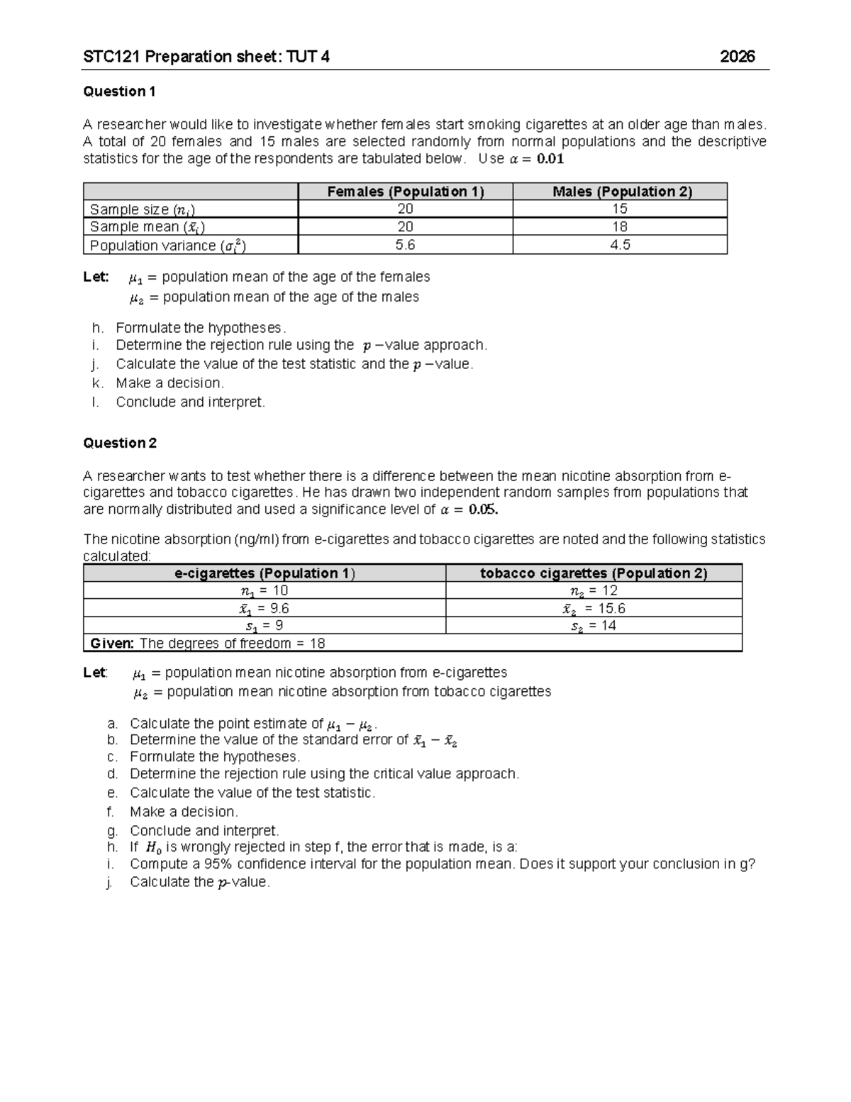STC121 Hypothesis Testing: TUT 4 Analysis and Conclusions - Studocu