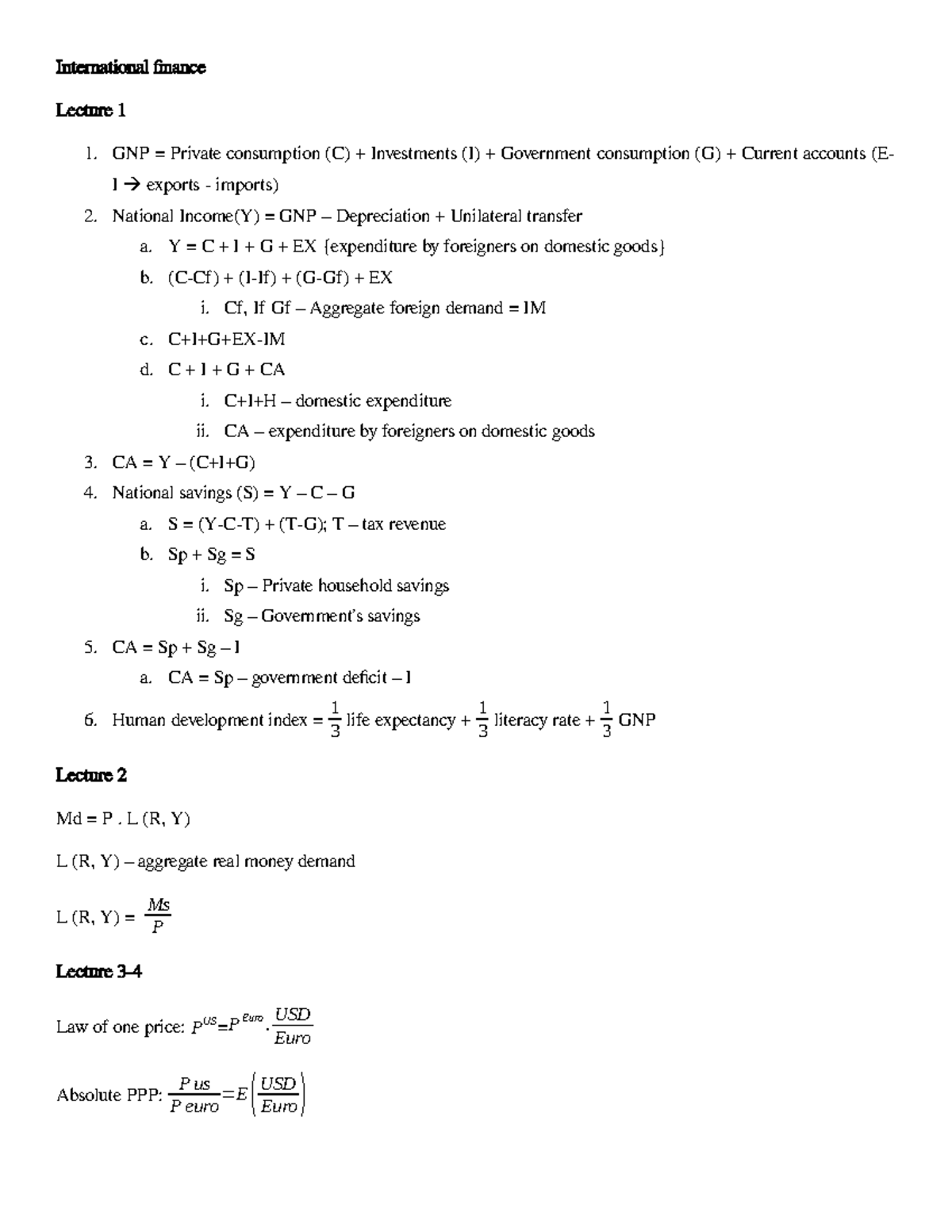 International Econ Formula Sheet: Key Concepts & Equations - Studeersnel