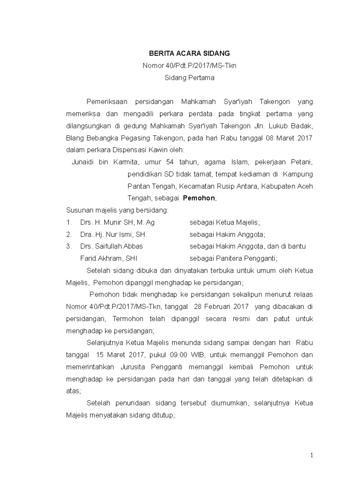 Berita Acara Sidang Nomor 40/Pdt.P/2017/MS-Tkn: Dispensasi Kawin - Studocu
