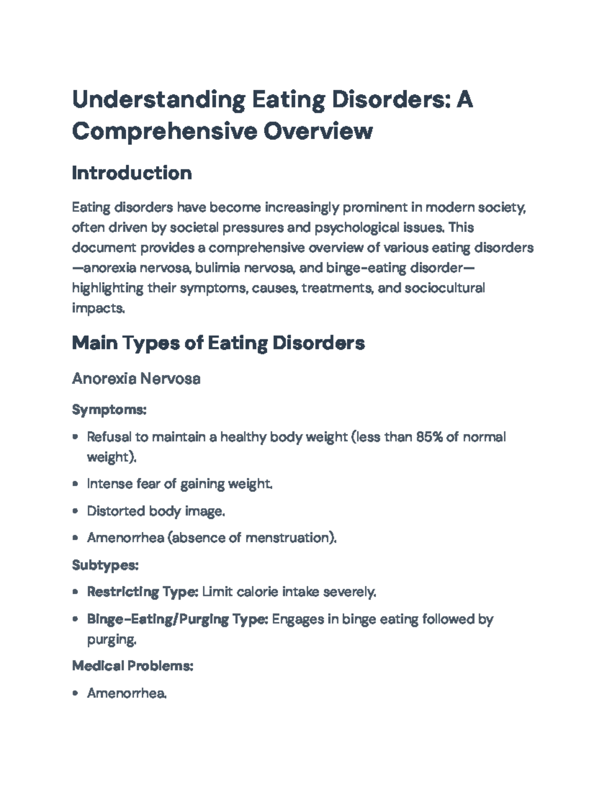 Comprehensive Overview of Eating Disorders: Symptoms & Treatments - Studocu
