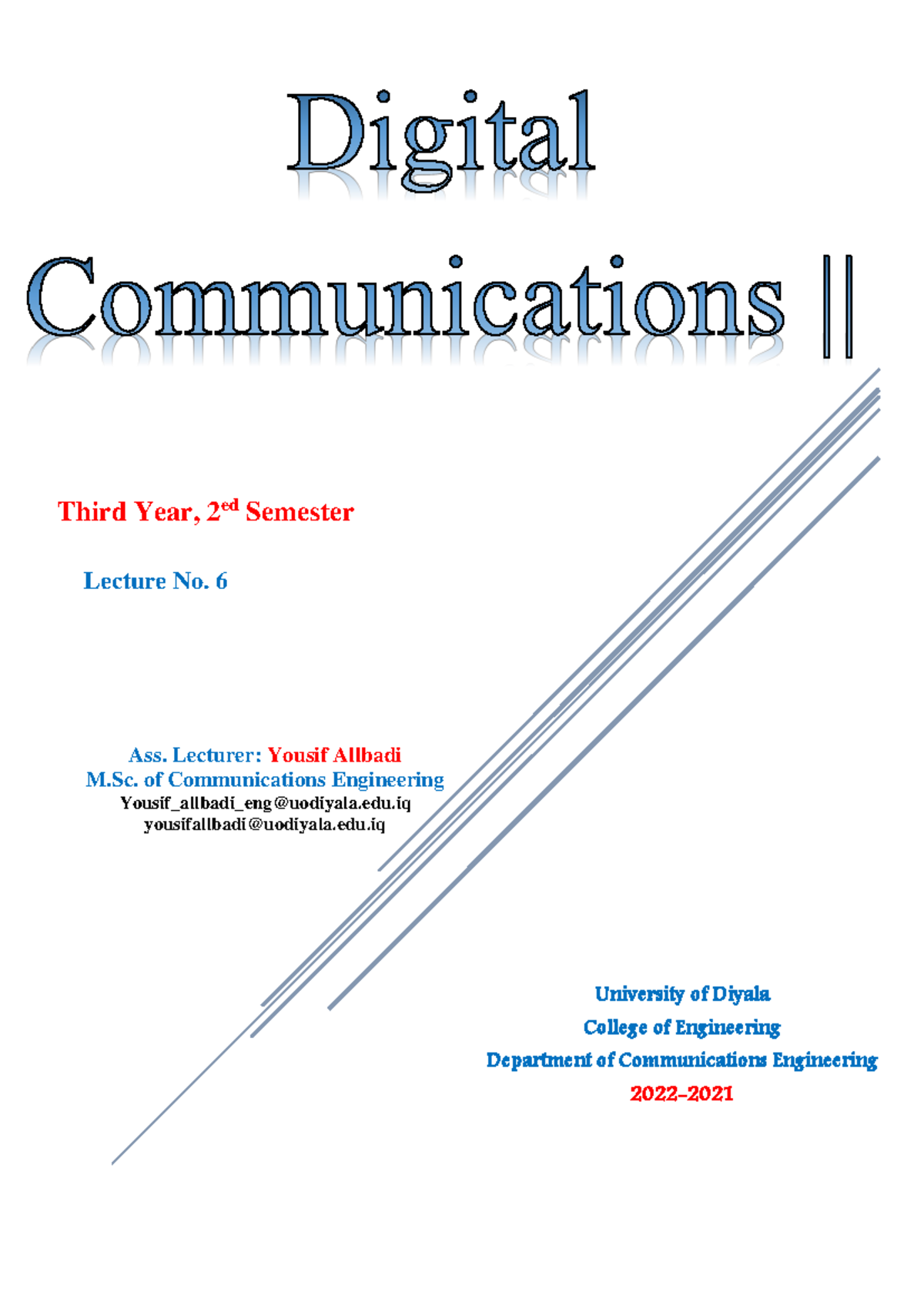 Digital Communications 2: Lecture 6 on Rayleigh Fading Channel - Studocu