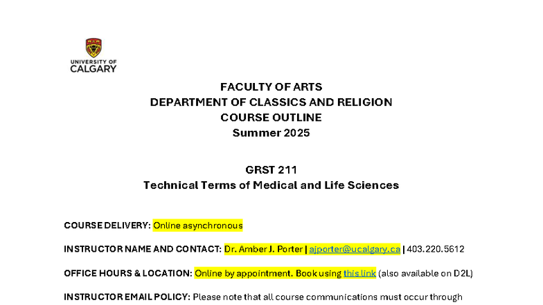 GRST 211-01 Summer 2025 Course Outline: Medical Terminology Essentials ...