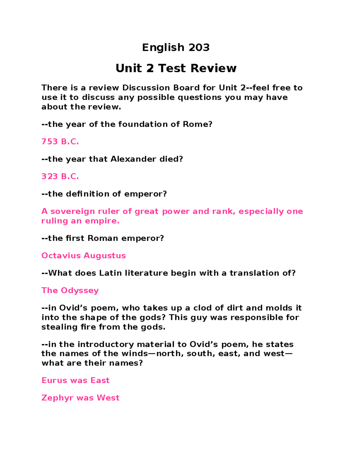 English 203 Unit 2 Test Study Guide and Review Questions - Studocu