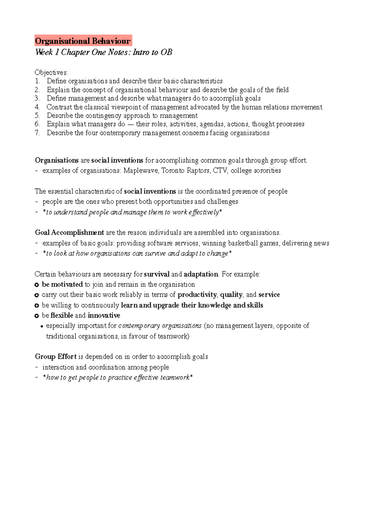 1BA3: Organizational Behaviour Week 1 Introductory Notes - Studocu