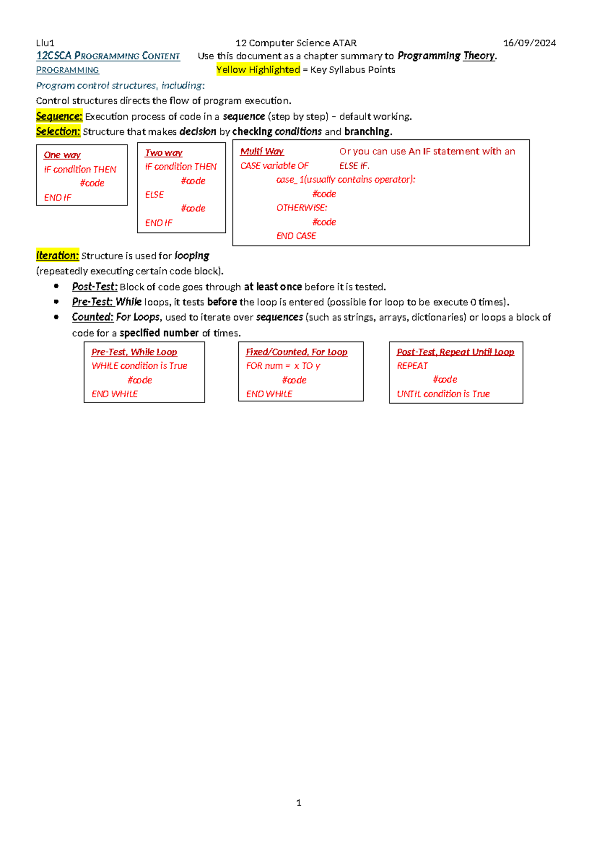 Llu1 12CSCA Programming & Cybersecurity Chapter Summary - Studocu
