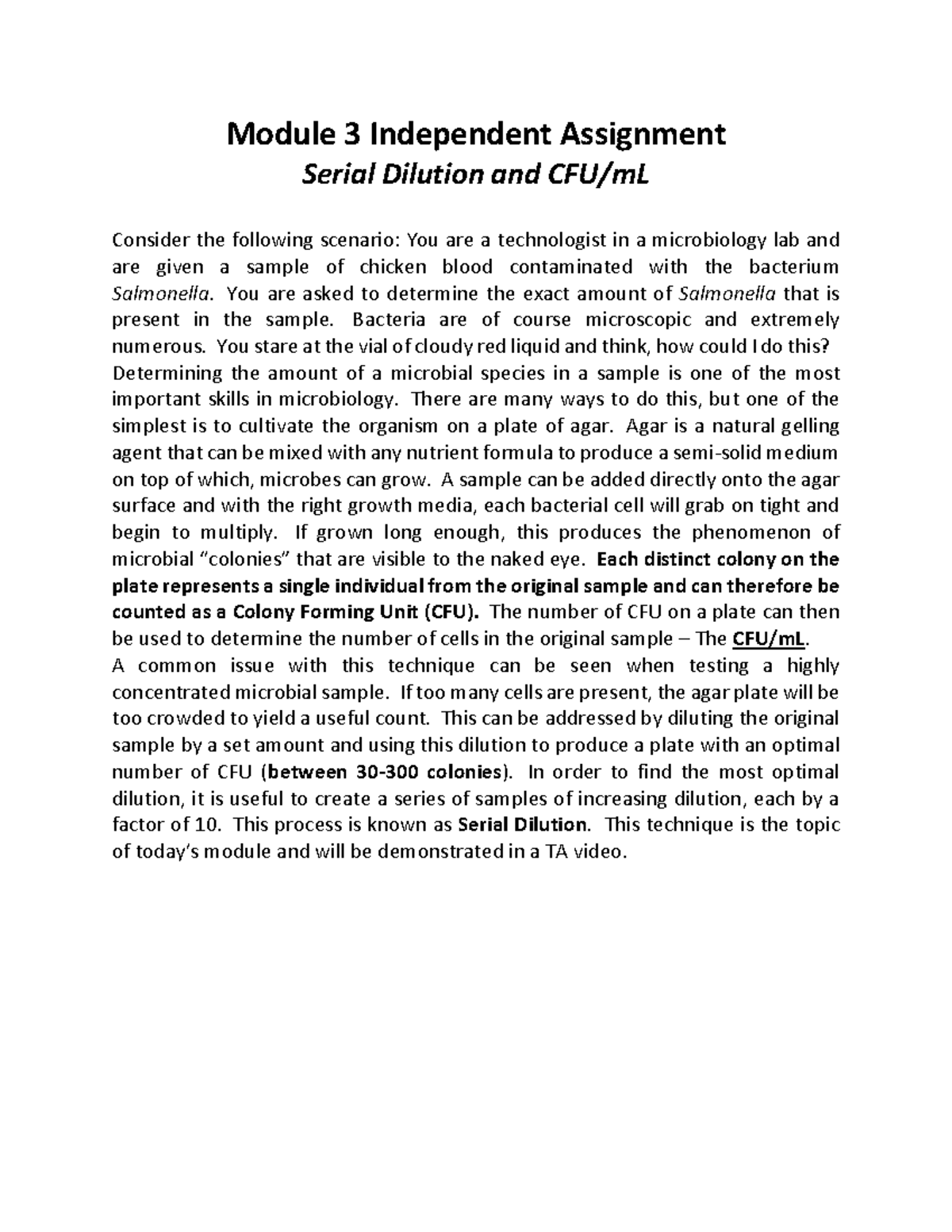 Module 3 Individual Assignment: Serial Dilution in Microbiology - Studocu