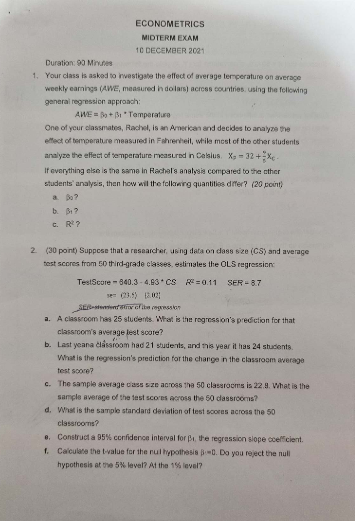 Econometrics Midterm Exam Review 10 Dec 2021 Studocu