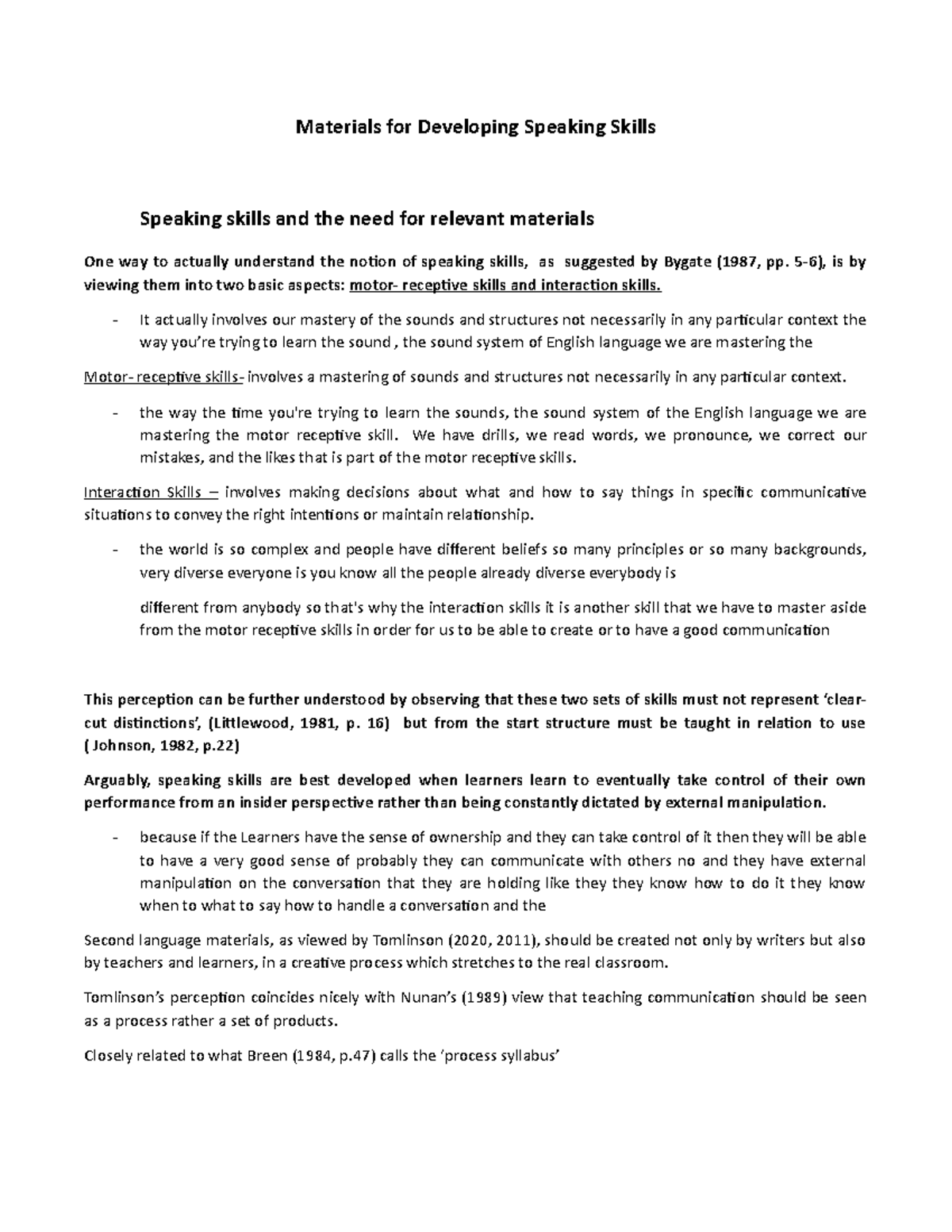 Materials for Developing Speaking Skills: An Insightful Overview - Studocu