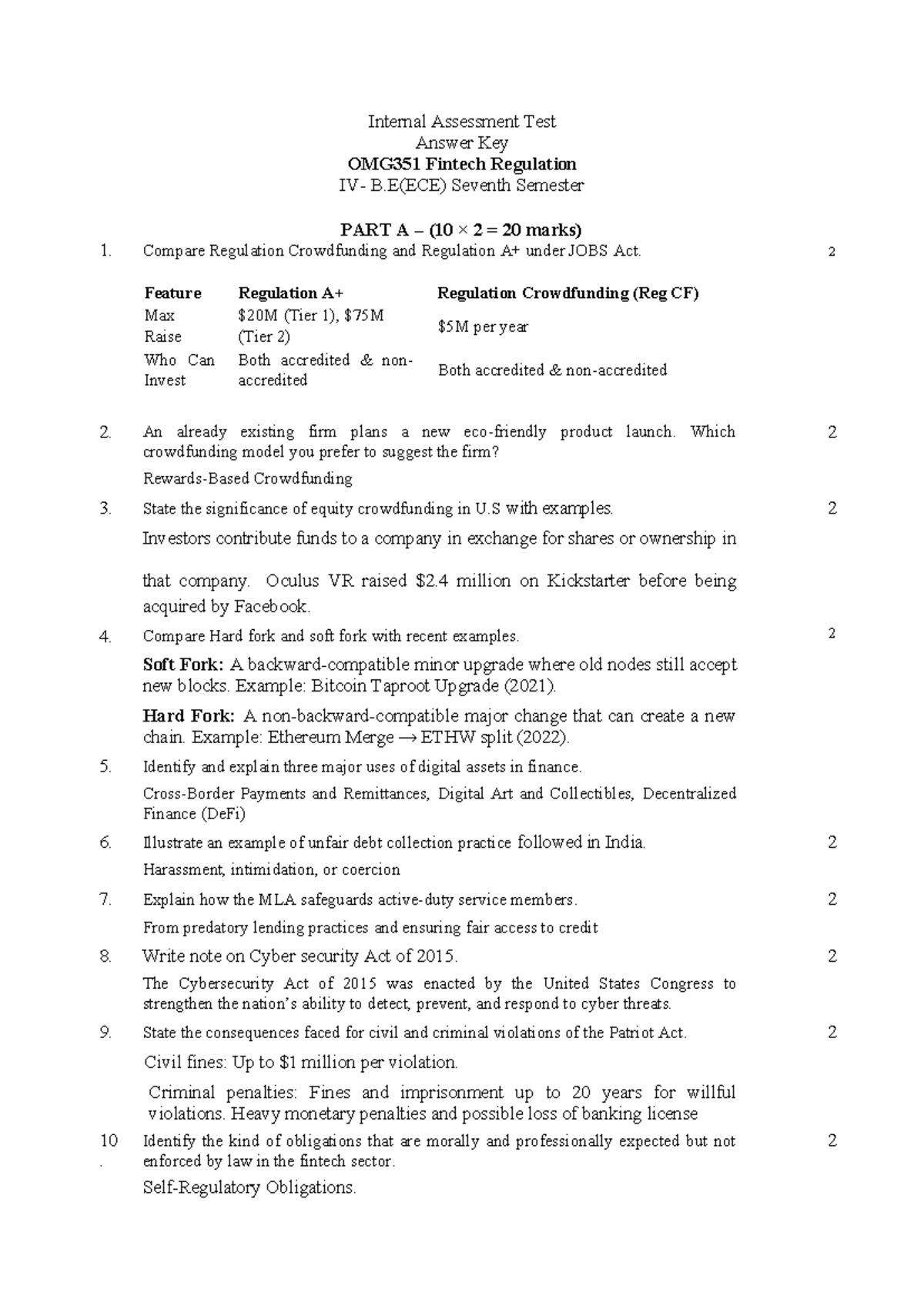 Second Internal Assessment Test Answer Key OMG351 Fintech Regulation B ...