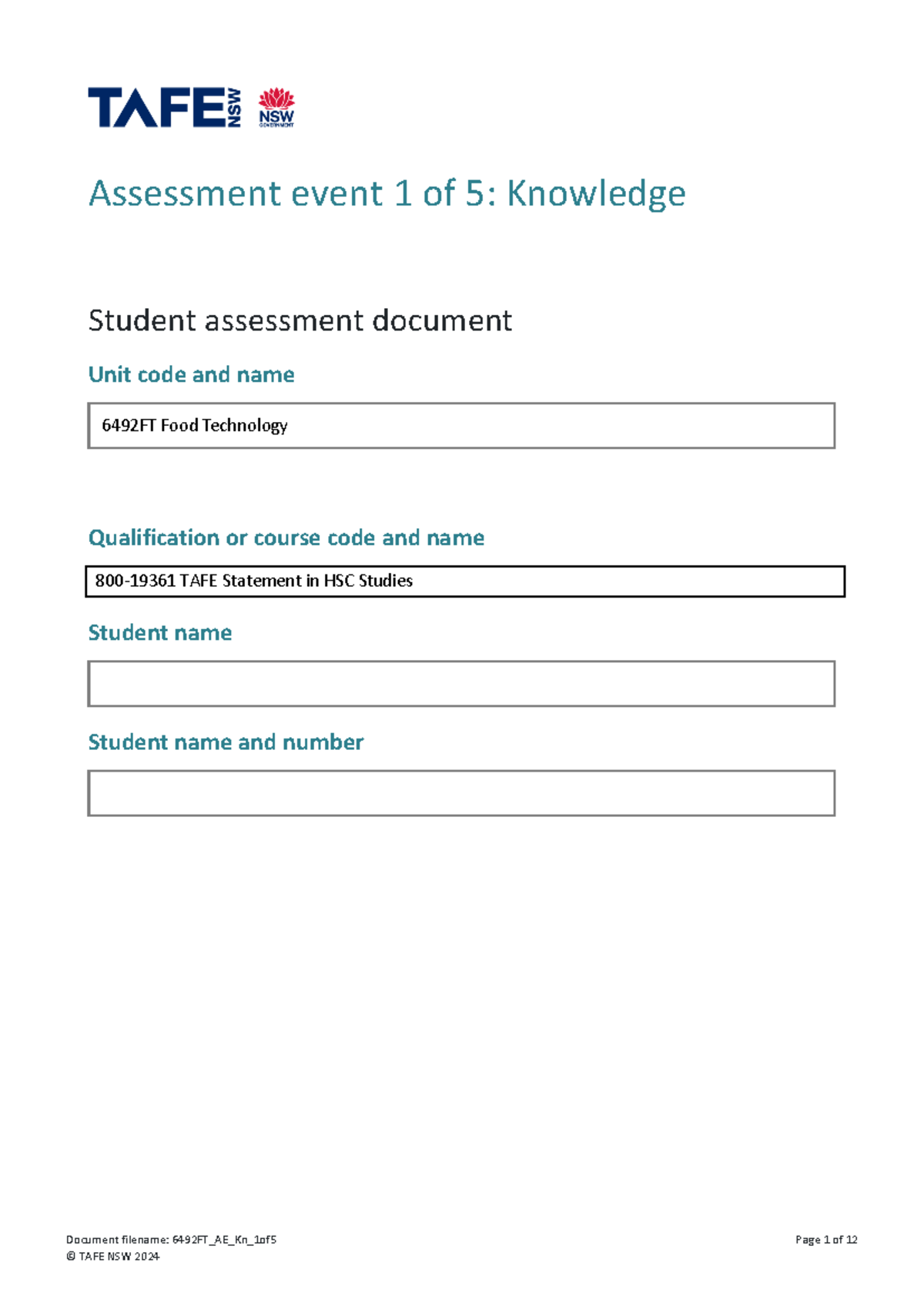 6492FT Assessment 1 of 5: Food Technology Knowledge Evaluation - Studocu