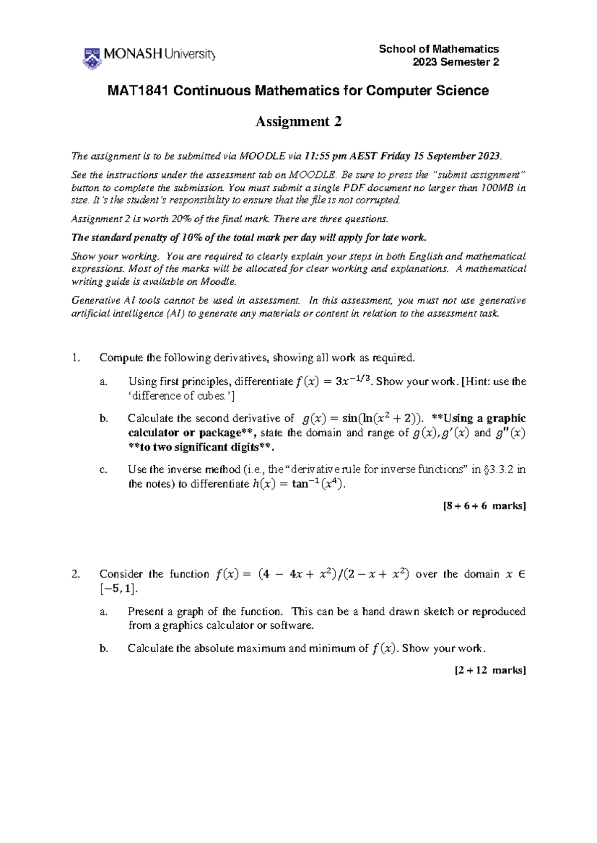 MAT1841 2023 Semester 2 Continuous Mathematics Assignment 2 - Studocu