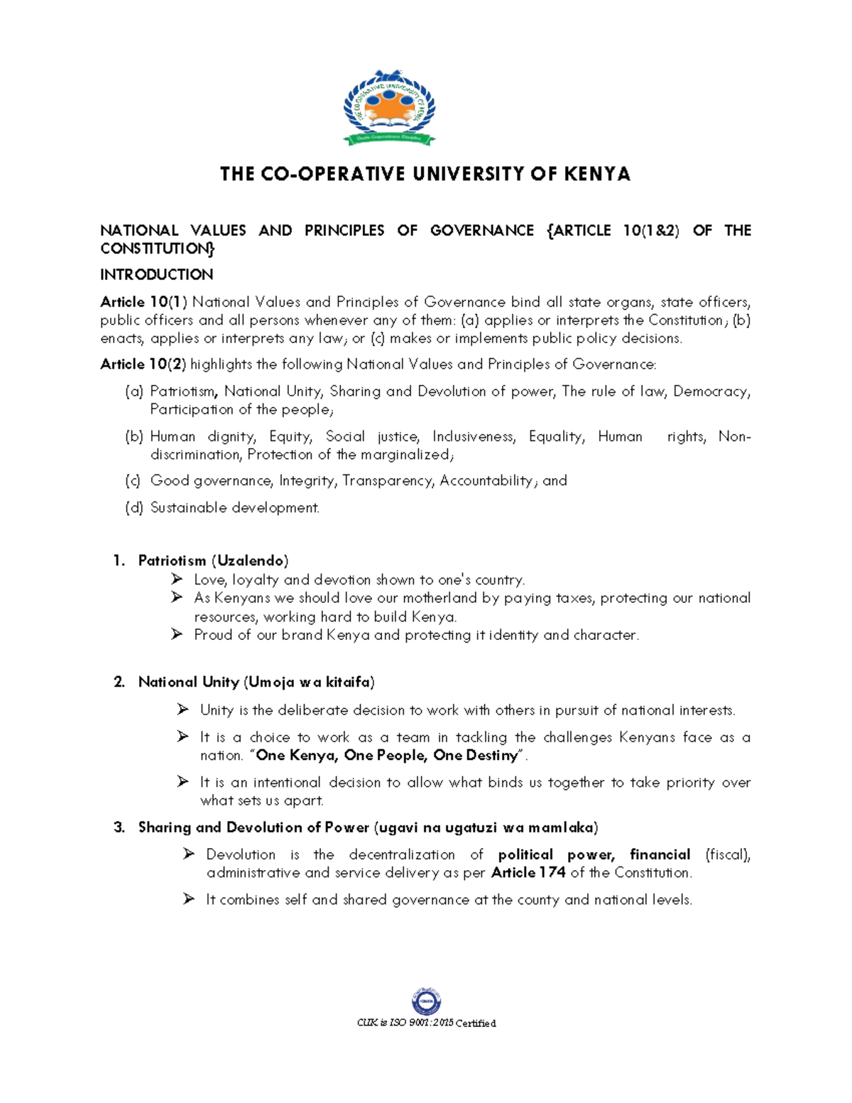 National Values and Principles of Governance - University of Kenya ...