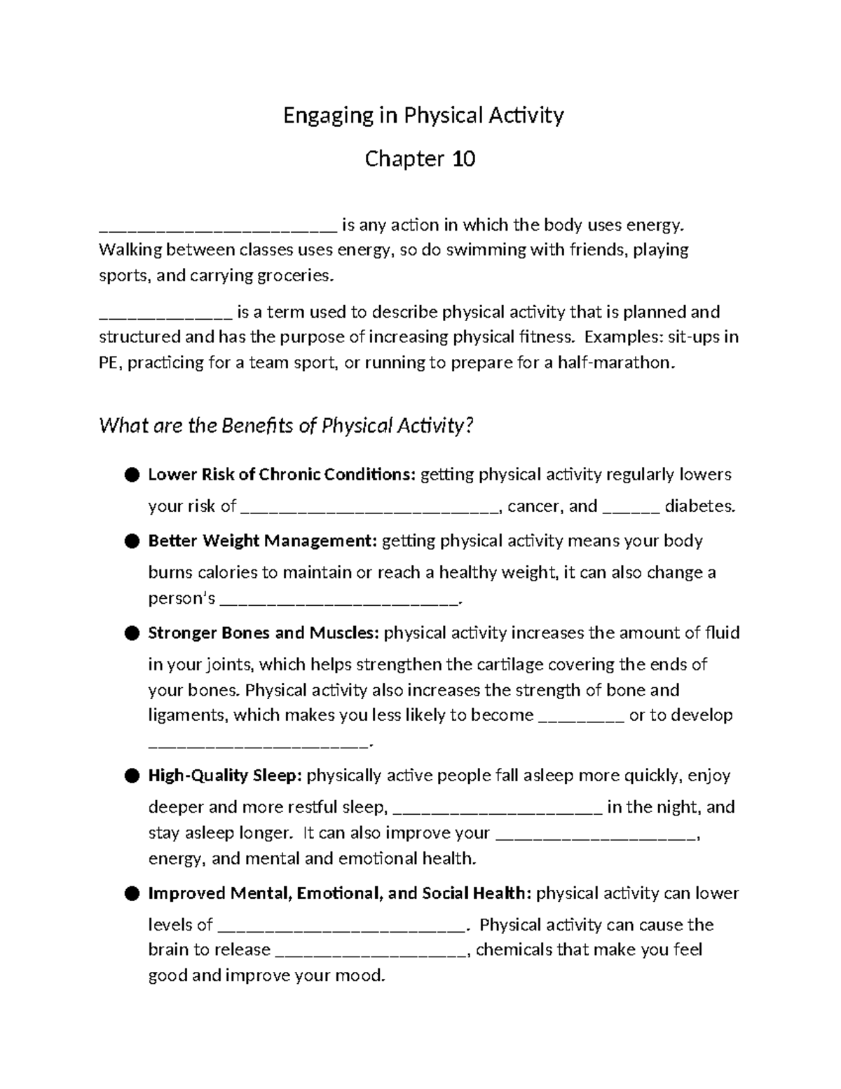 Chapter 10 notes on engaging in physical activity and its benefits ...