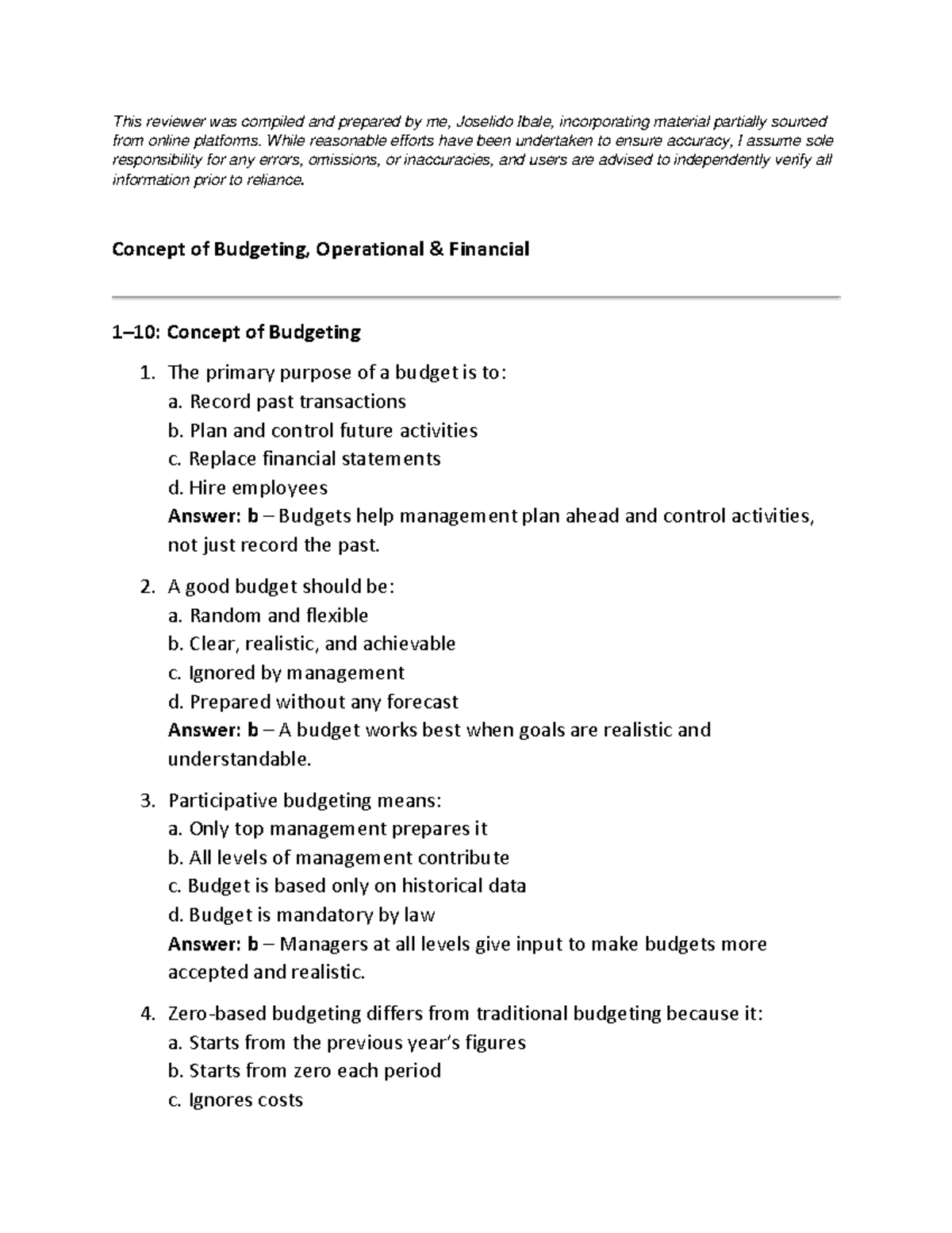 Budgeting Concepts and Practices - Course Code: FIN101 - Studocu