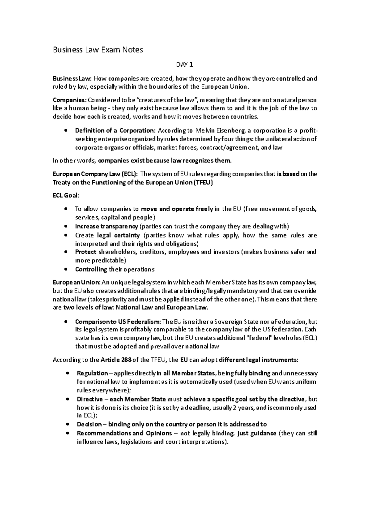 Business Law Exam Notes: EU Company Law Overview and Key Concepts - Studocu