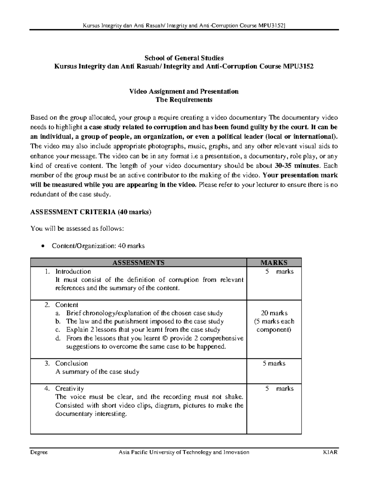 MPU3152 Integrity and Anti-Corruption Video Assignment Guidelines - Studocu