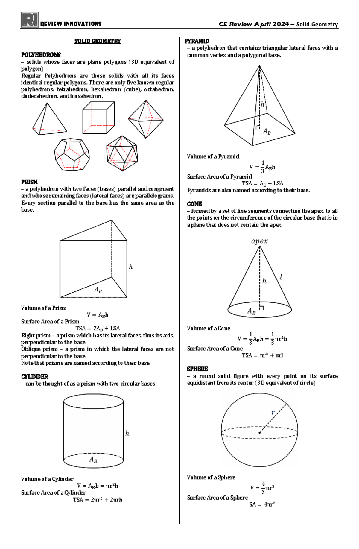 Solid geometry review notes CE 2024 - Studocu