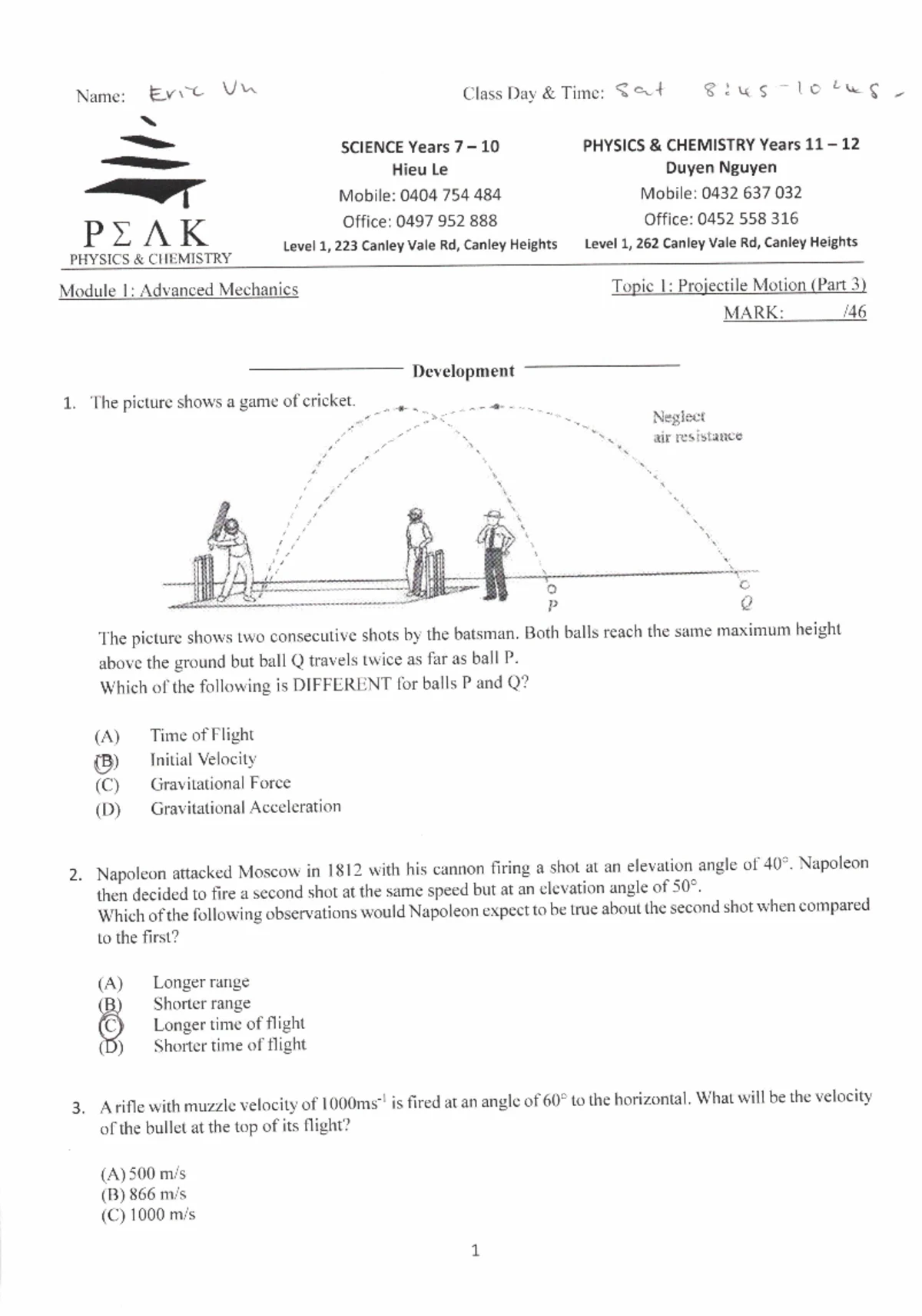 Projectile Motion Examples - PHYSICS M 6 2021 HSC - Studocu