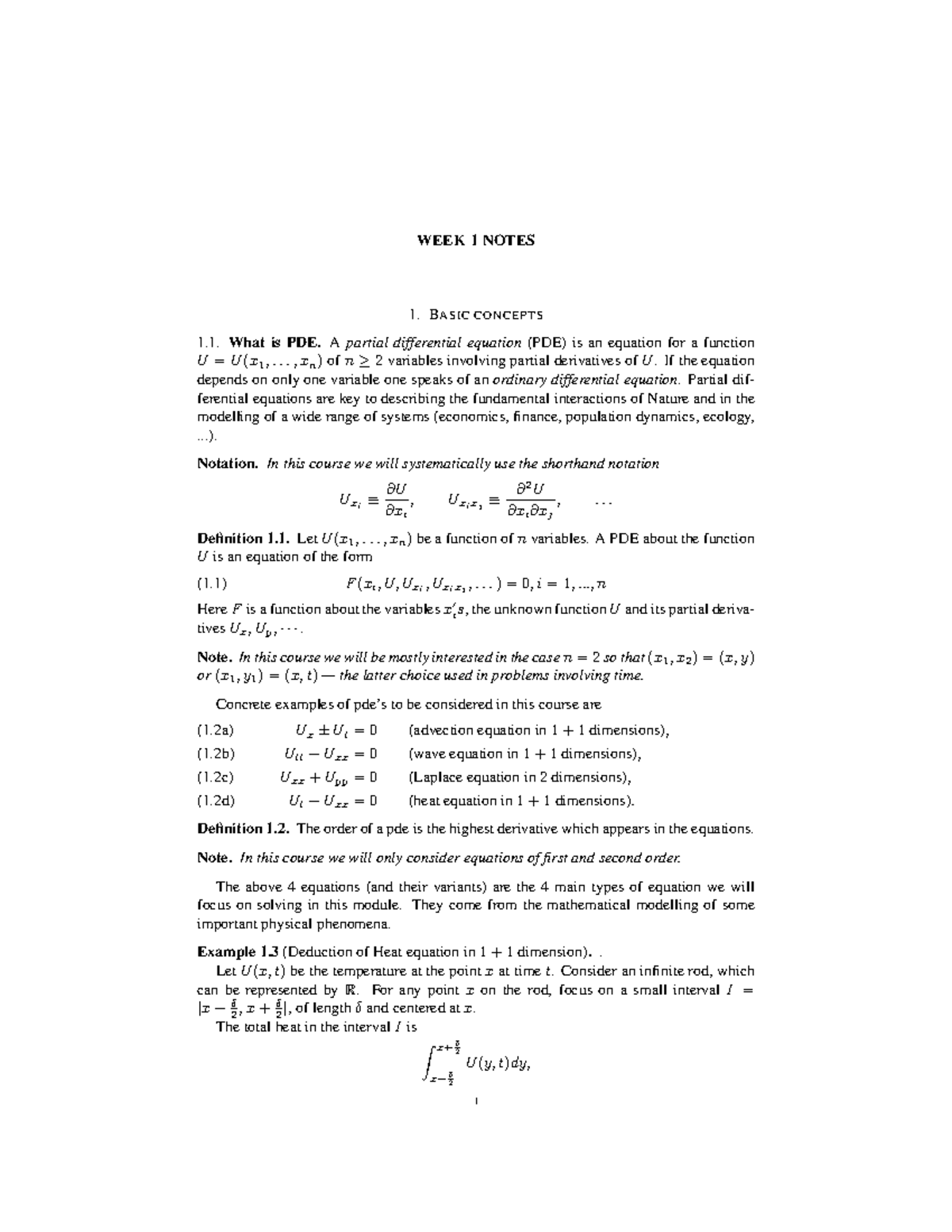 WEEK 1 & 2 PDE NOTES: Basic Concepts and Initial Conditions for MTH ...
