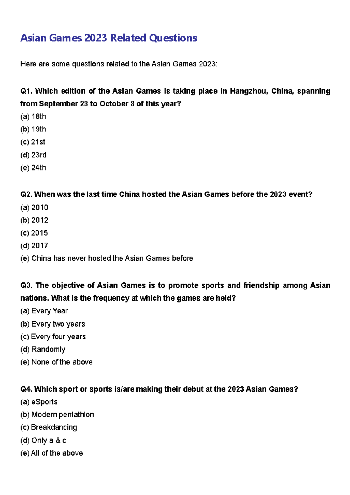 Asian Games 2023 Quiz: Key Questions and Answers - Studocu