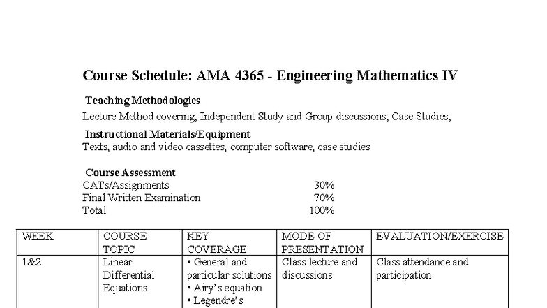 AMA 4365 Engineering Mathematics IV Course Schedule & Topics - Studocu