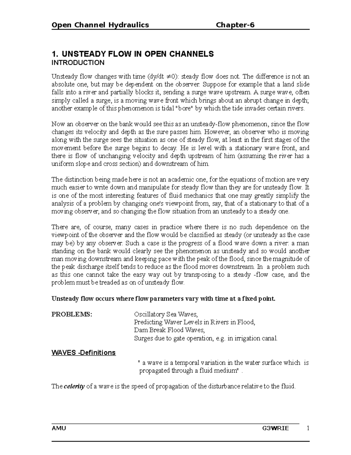 Chapter 6: Understanding Unsteady Flow in Open Channels - Studocu
