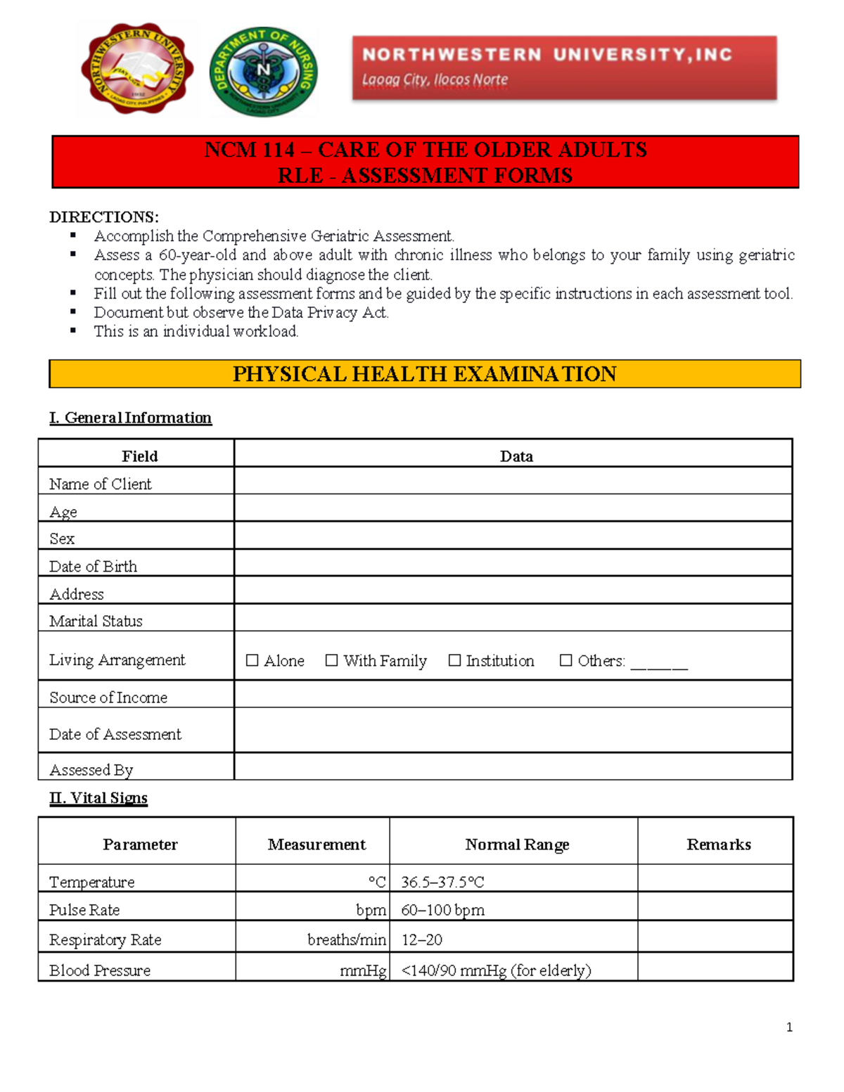 RLE NCM 114 Comprehensive Geriatric Assessment Forms - Studocu