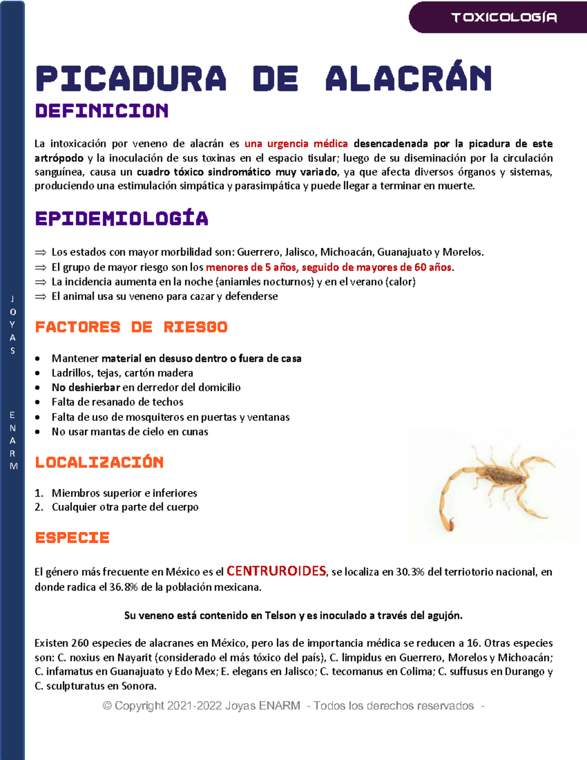 Toxicología: Picadura de Alacrán - Definición y Síntomas (ENARM) - Studocu