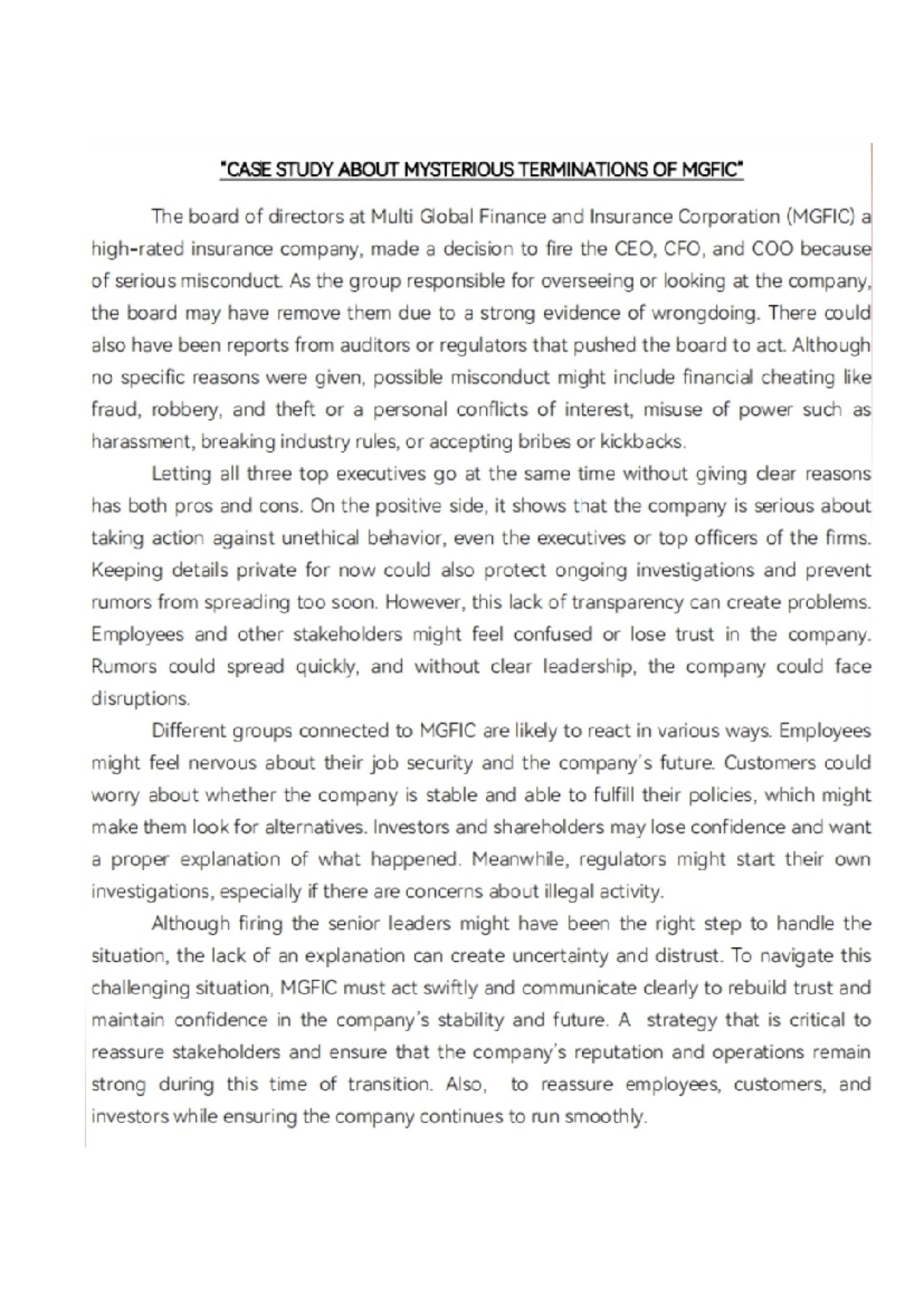 Mini Case Study: Mysterious Termination of MGFIC Executives (Governance ...