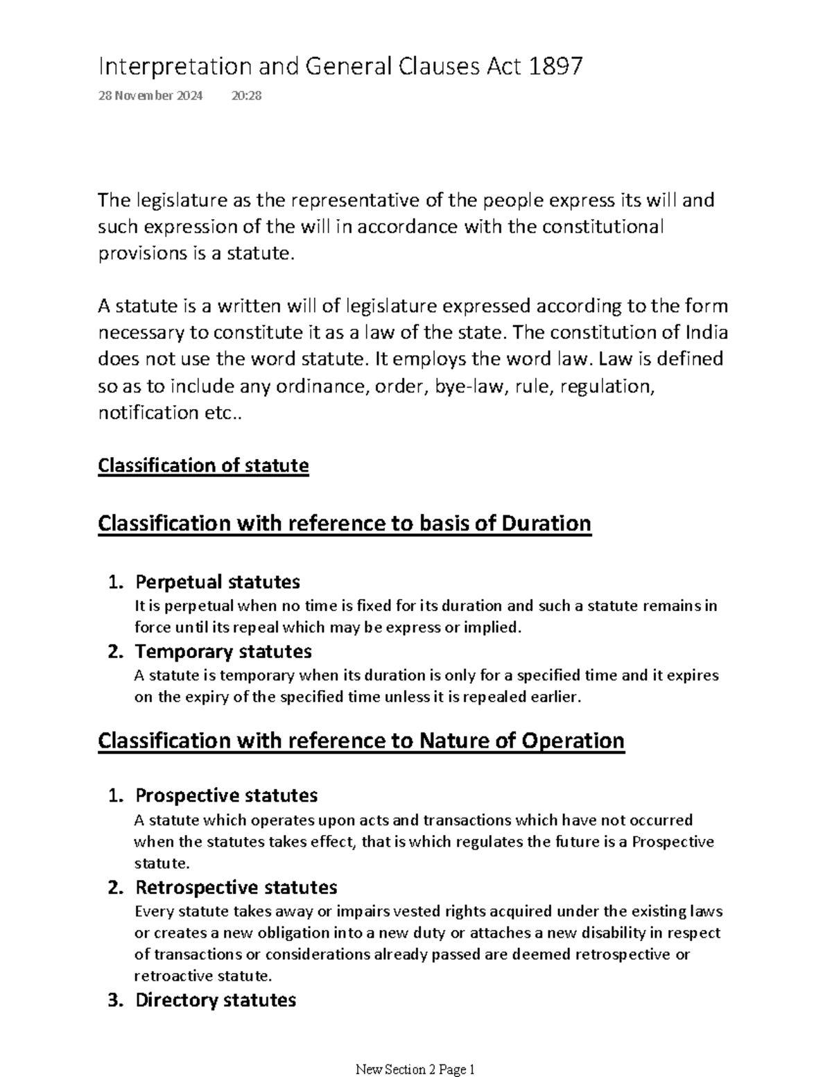 Type of statute - The legislature as the representative of the people ...