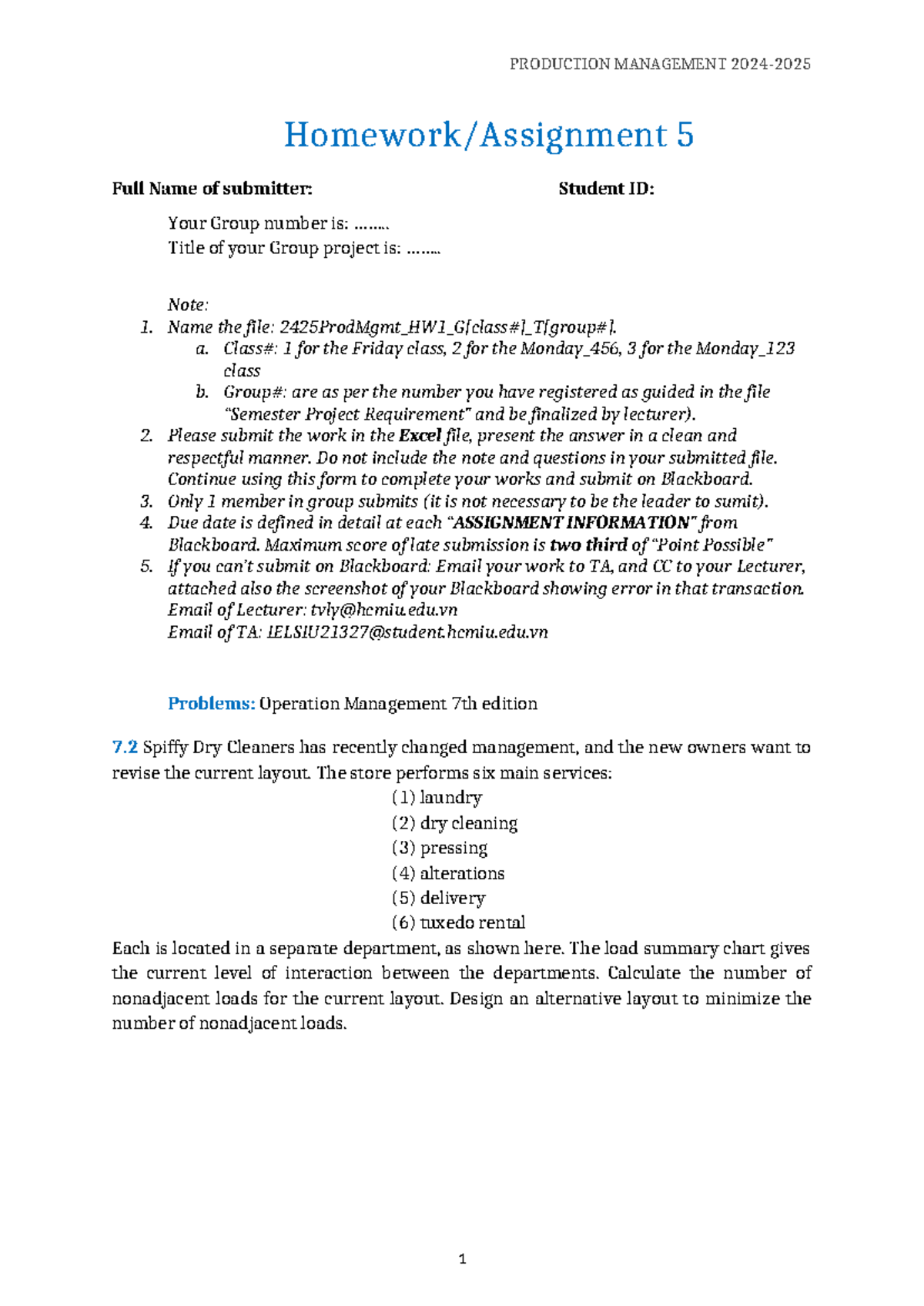 2425 Production Management HW5 Group Project - Chapter 5 Practical ...