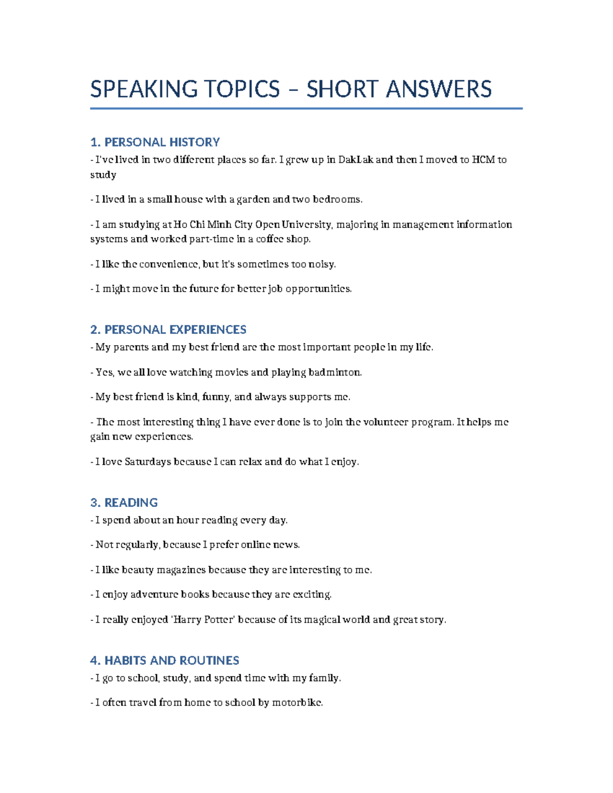 SPEAKING TOPICS SHORT ANSWERS: PERSONAL HISTORY & EXPERIENCES - Studocu