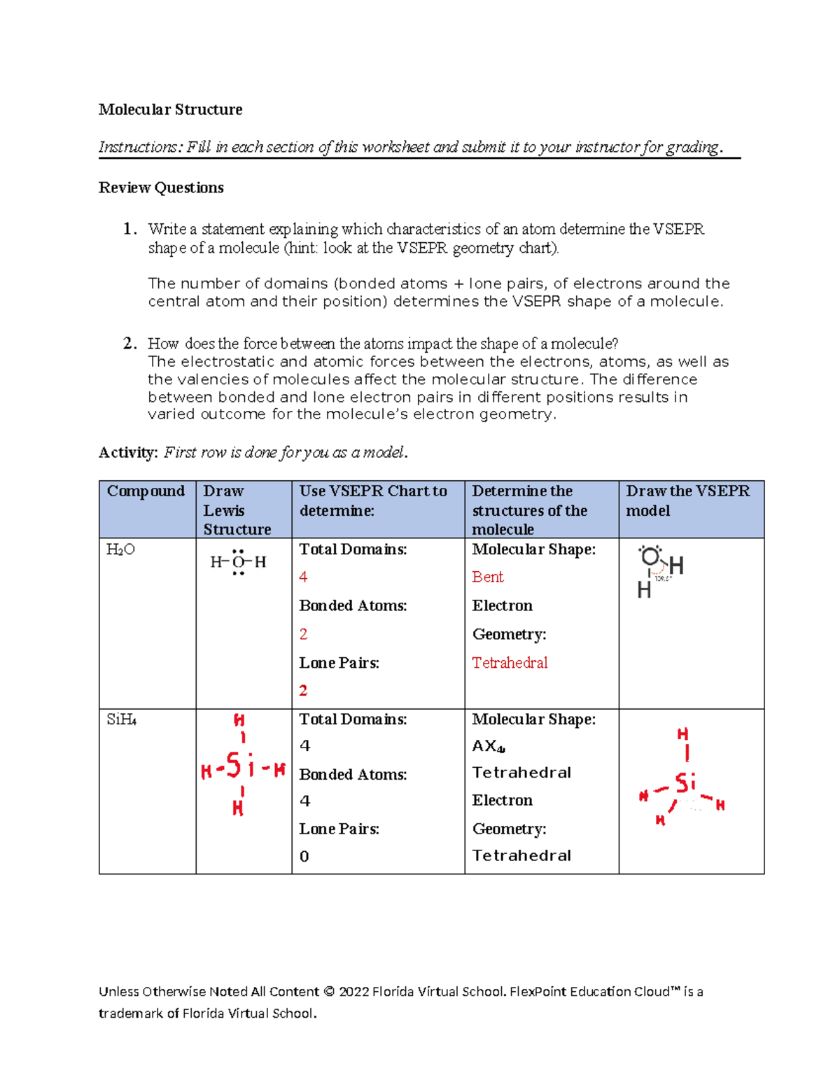Chemistry 3 - worksheet - Molecular Structure Instructions: Fill in ...