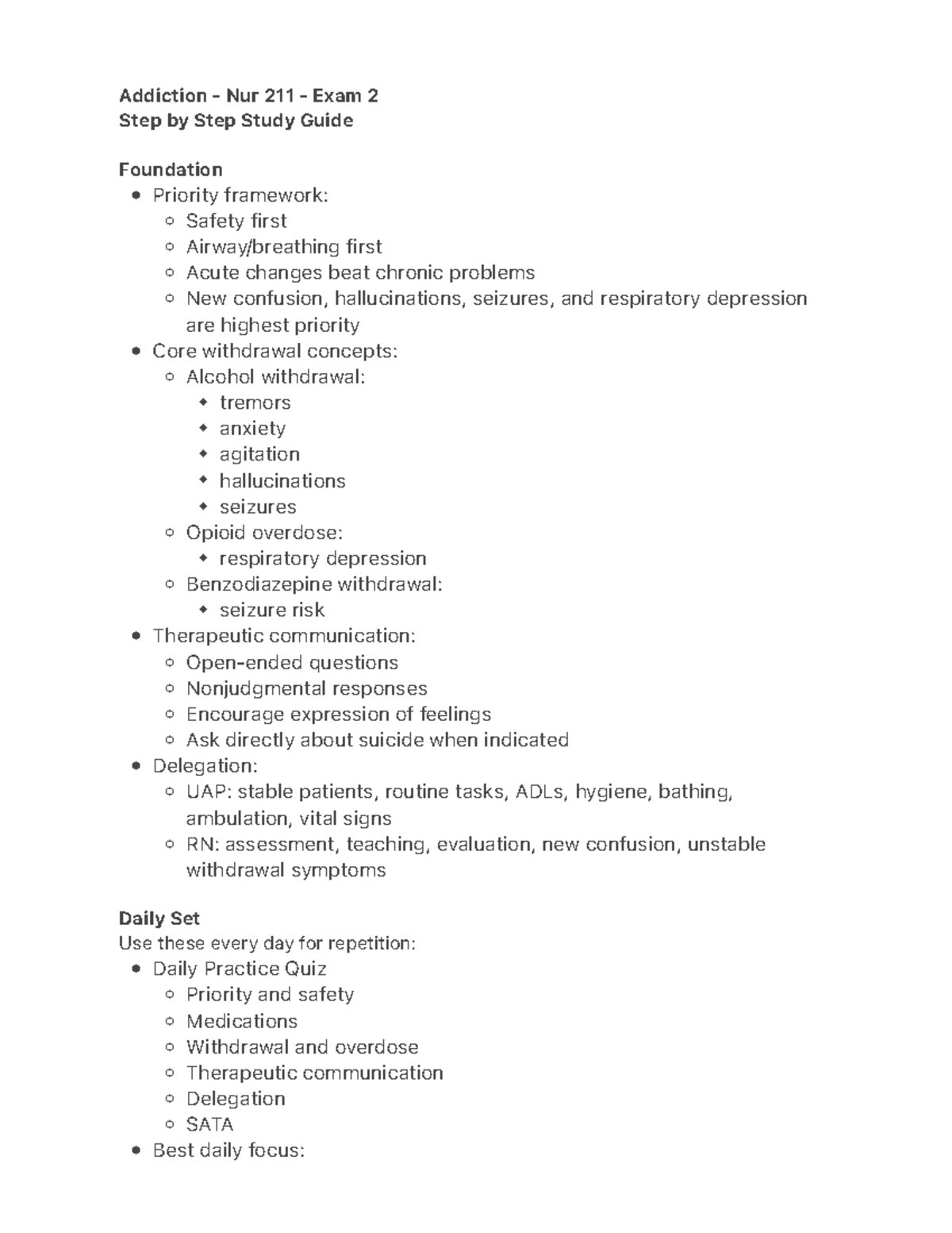 Addiction - Nur 211 - Exam 2 Study Guide: Prioritization & Safety - Studocu