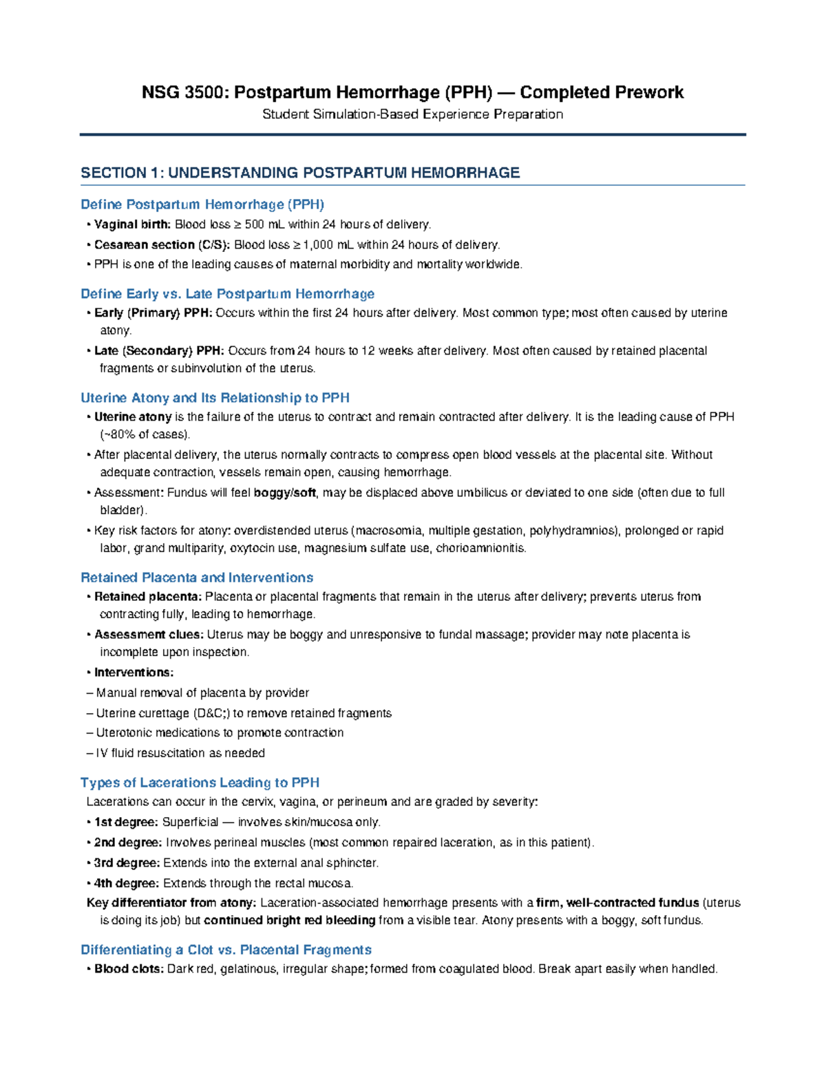 NSG 3500: Comprehensive Guide to Postpartum Hemorrhage (PPH) - Studocu