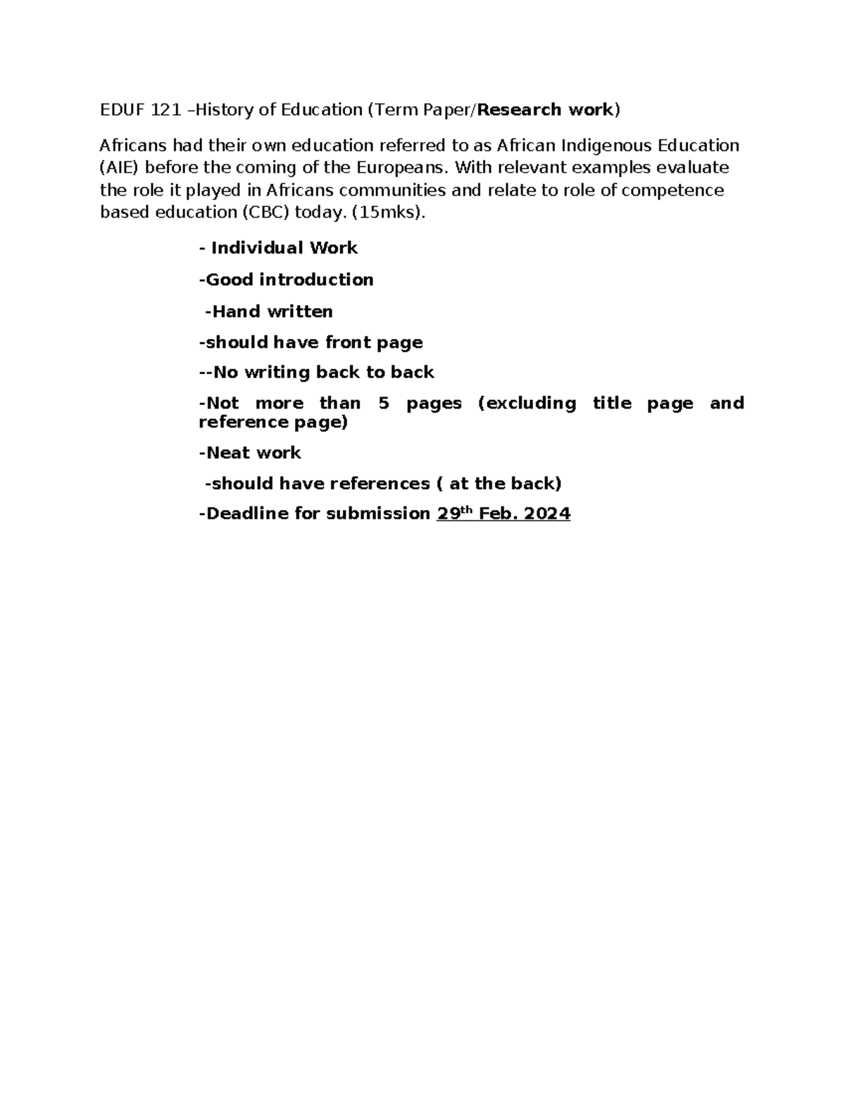 EDUF 121 term paper Assignment 2024 - EDUF 121 –History of Education ...