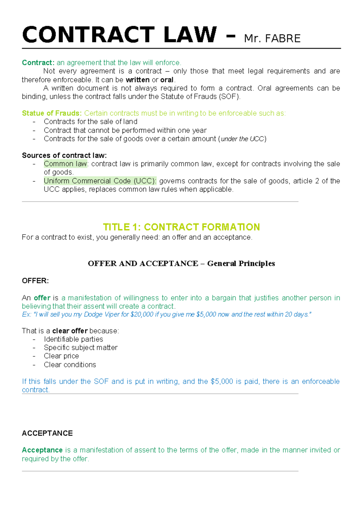 CONTRACT LAW R: Key Principles of Contract Formation and Enforceability ...