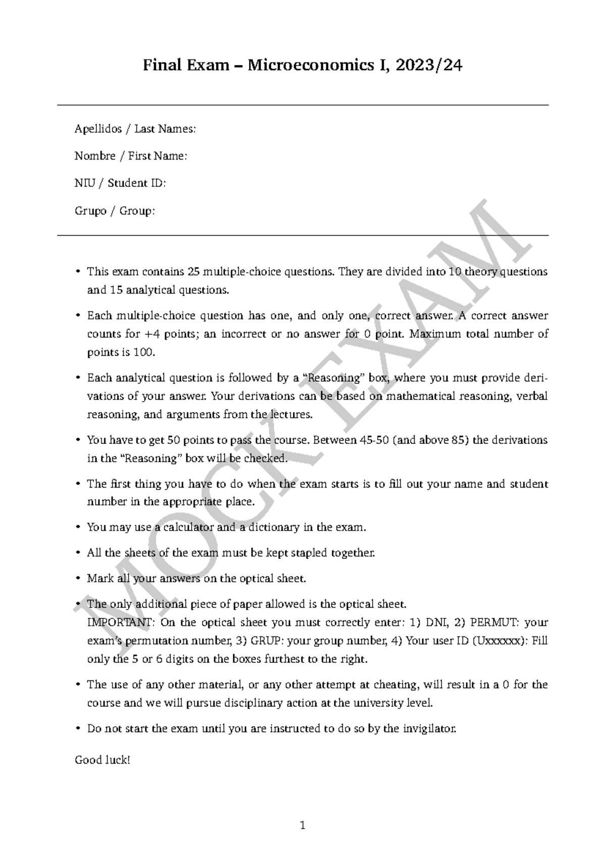 Final Exam - Microeconomics I (2023/24) Mock Exam Review Guide - Studocu