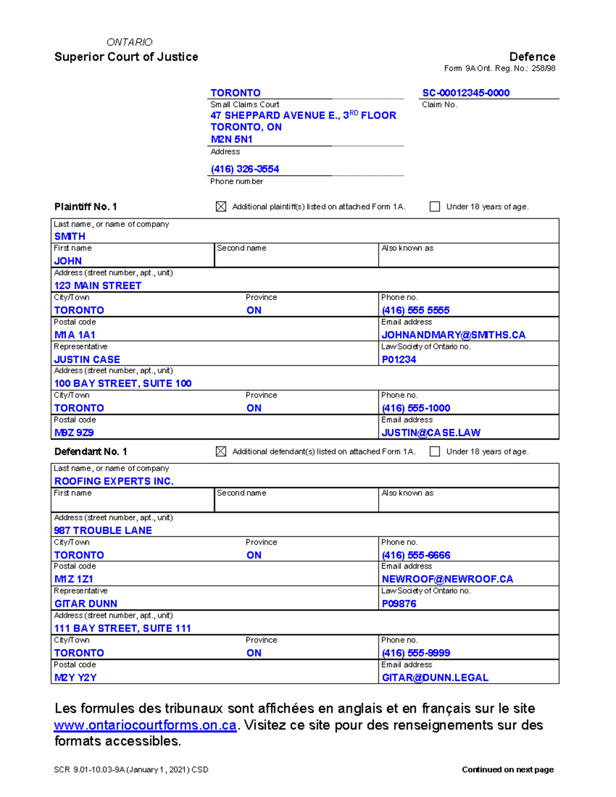 ONTARIO Small Claims Court Defence Form 9A - Sample Document - Studocu